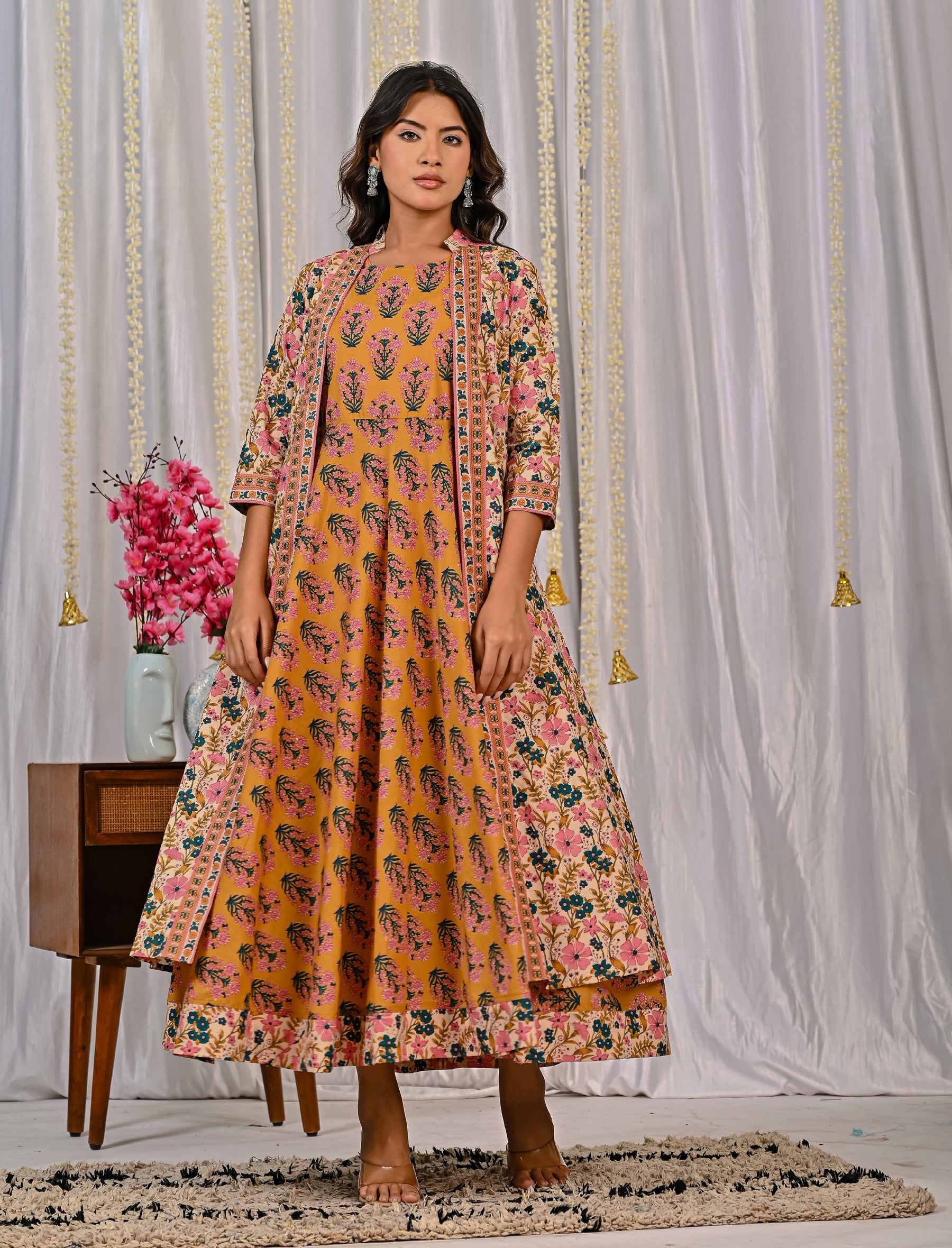 Beige Yellow Cotton Printed Long Shrug Dress