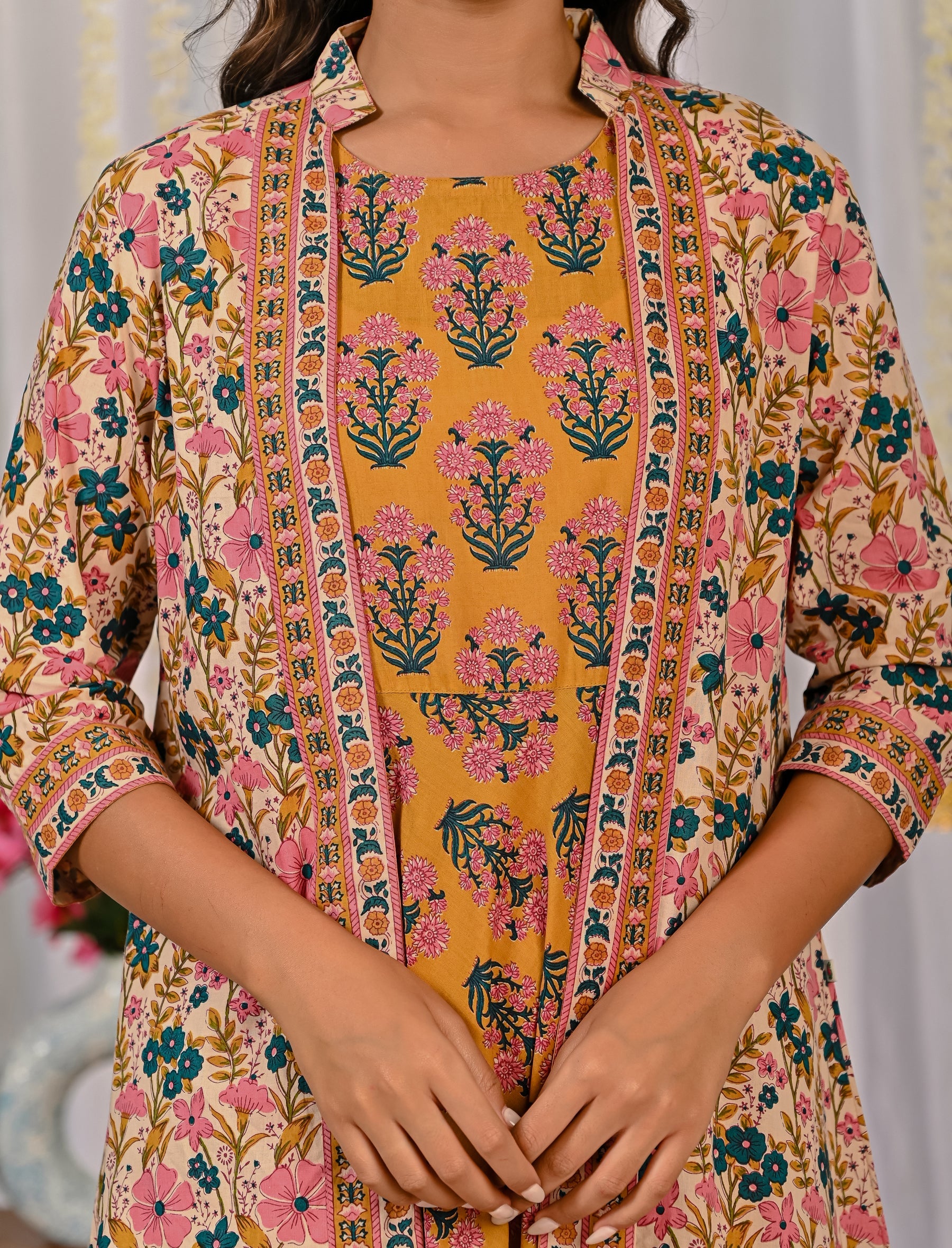 Beige Yellow Cotton Printed Long Shrug Dress