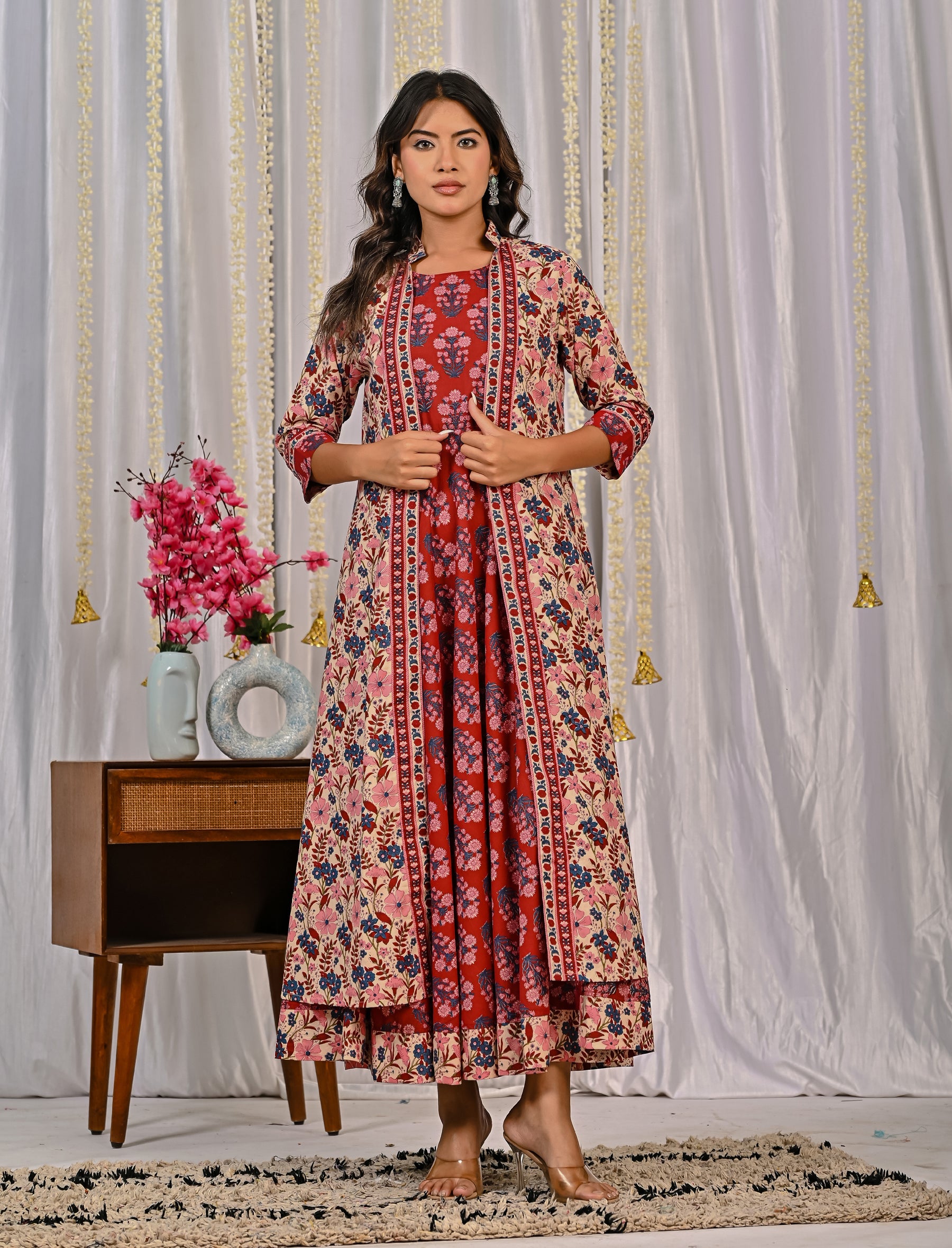 Beige Red Cotton Printed Long Shrug Dress