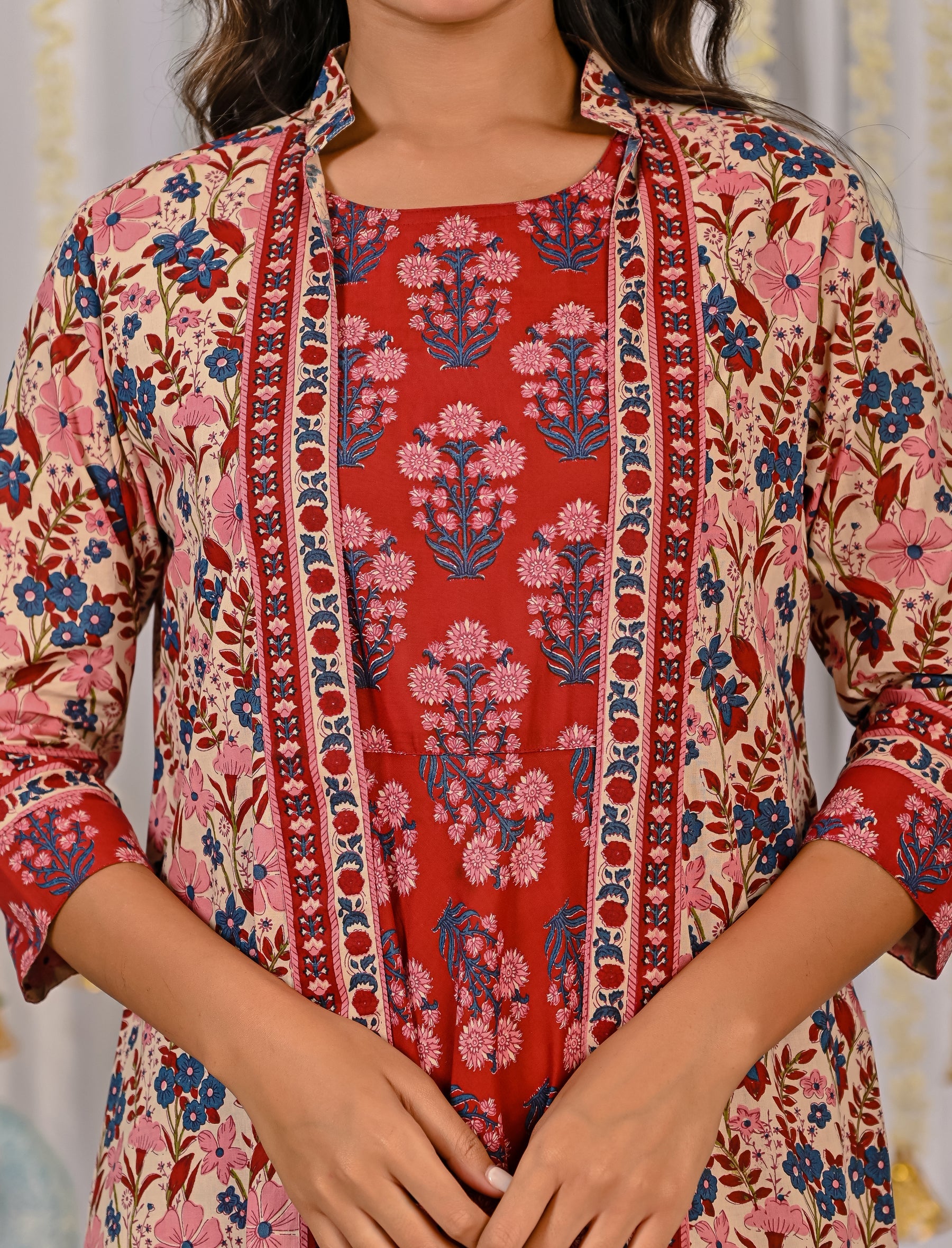 Beige Red Cotton Printed Long Shrug Dress