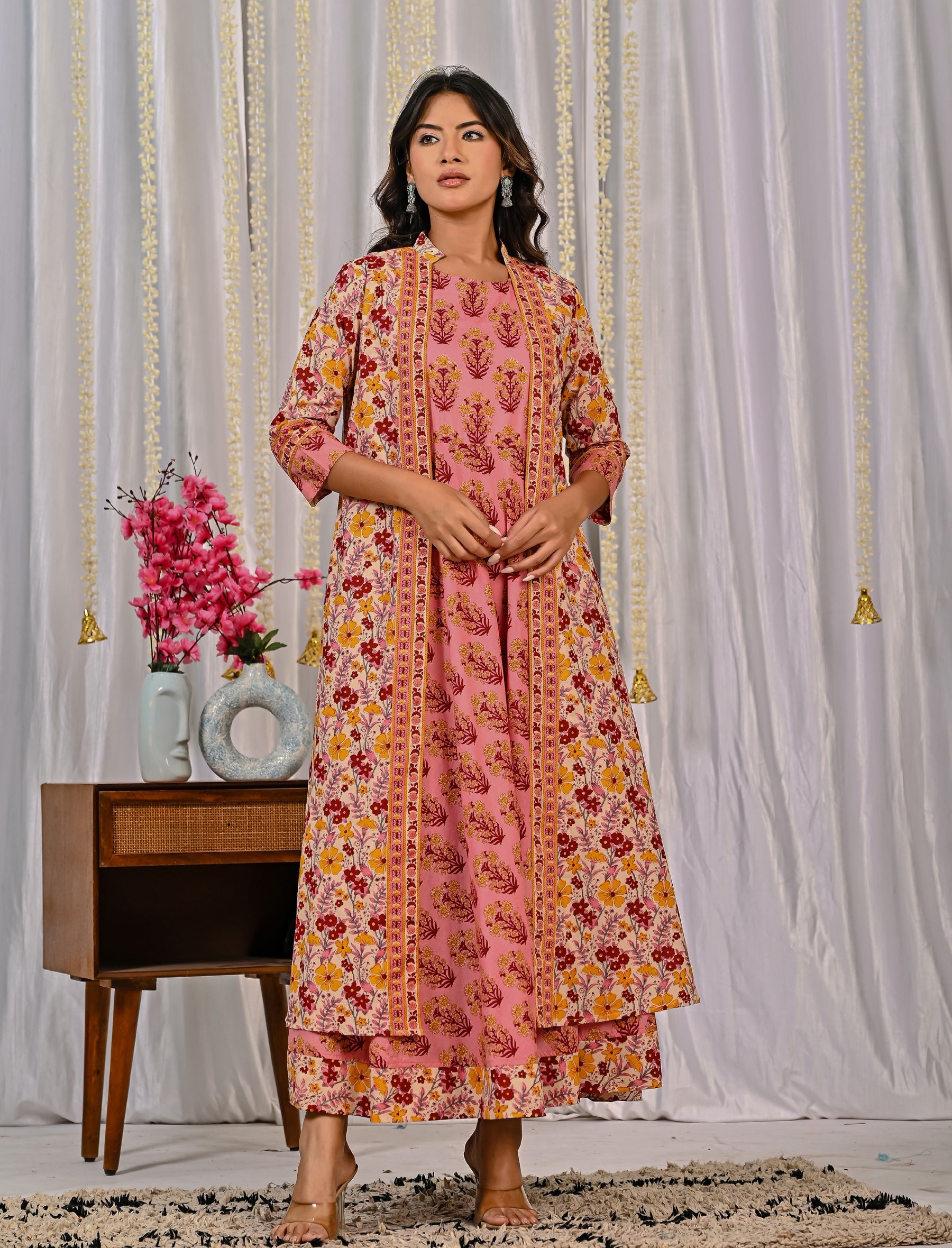 Beige Pink Cotton Printed Long Shrug Dress