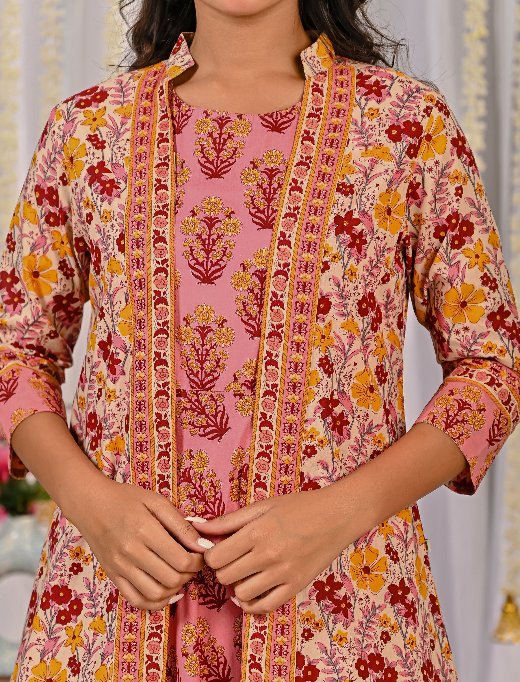 Beige Pink Cotton Printed Long Shrug Dress