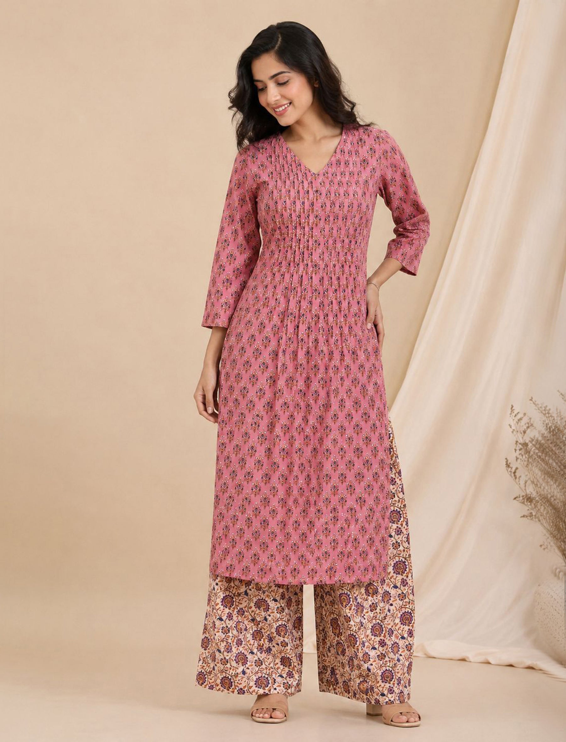 Pink Block Printed Cotton Kurta Pant Set