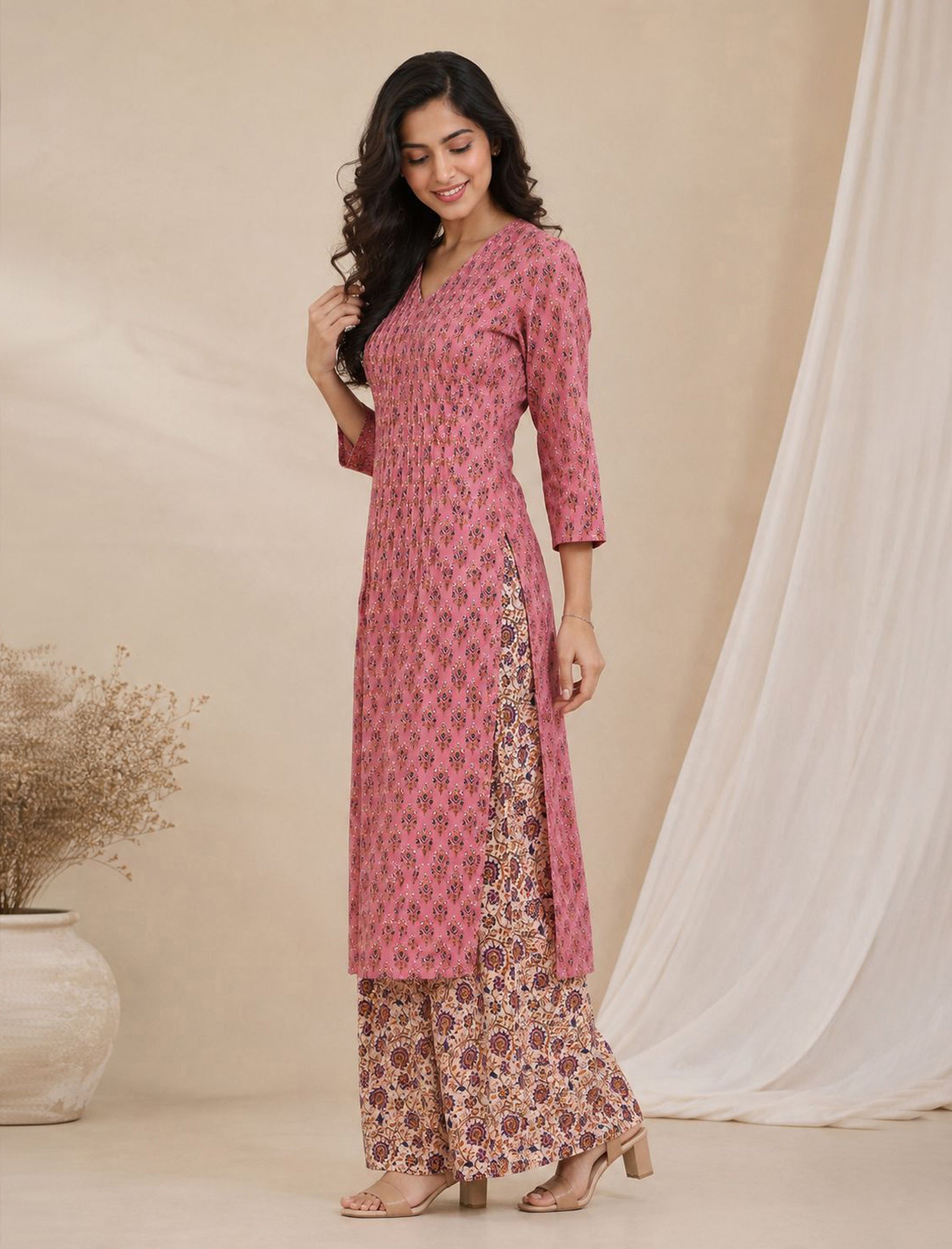 Pink Block Printed Cotton Kurta Pant Set