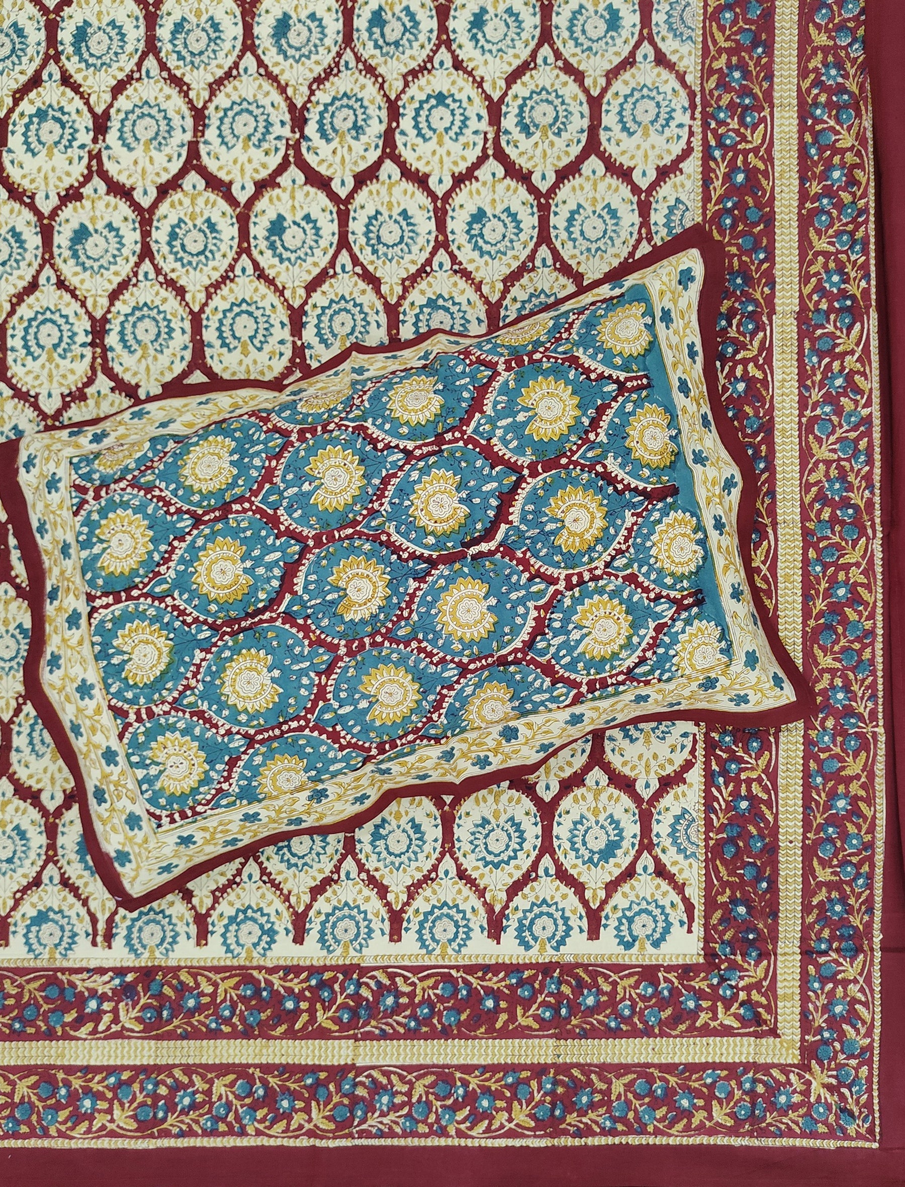 Hand Block Printed Cotton Double Bedsheet With Pillow Cover