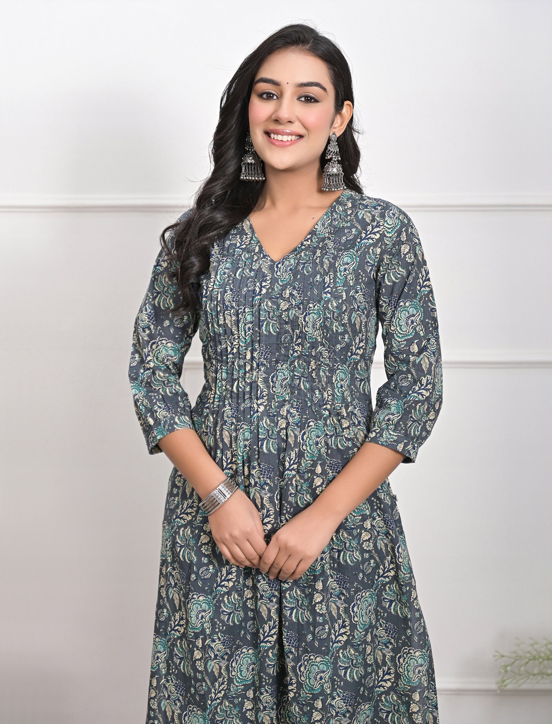 Grey Jaal Block Printed Cotton Kurta Pant Set