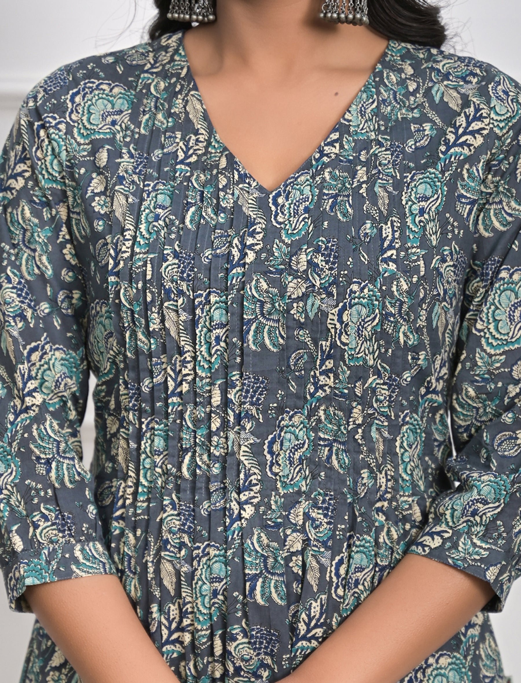 Grey Jaal Block Printed Cotton Kurta Pant Set