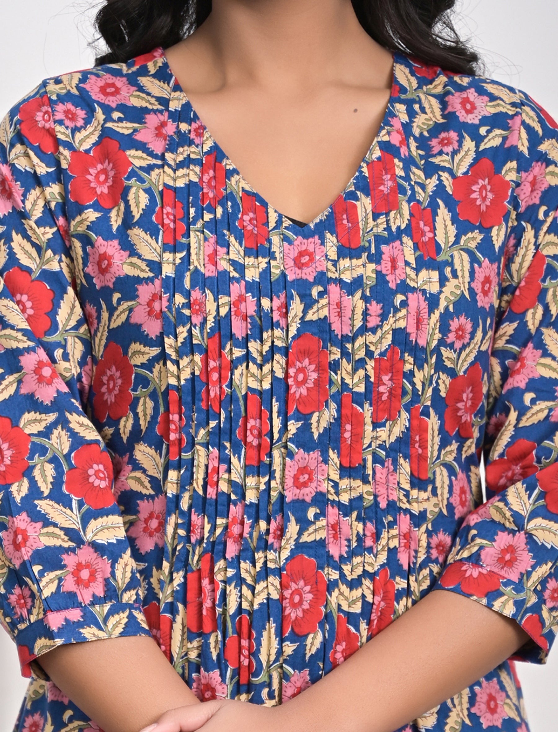 Blue Red Floral Block Printed Cotton Kurta Pant Set