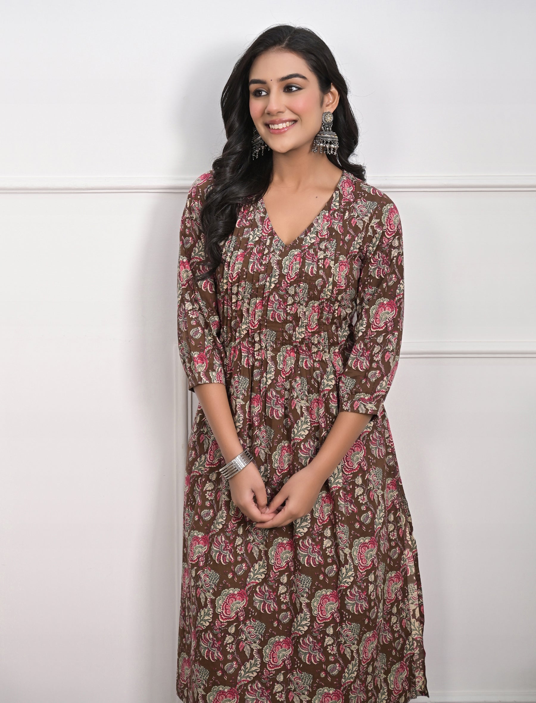 Brown Jaal Floral Block Printed Cotton Kurta Pant Set