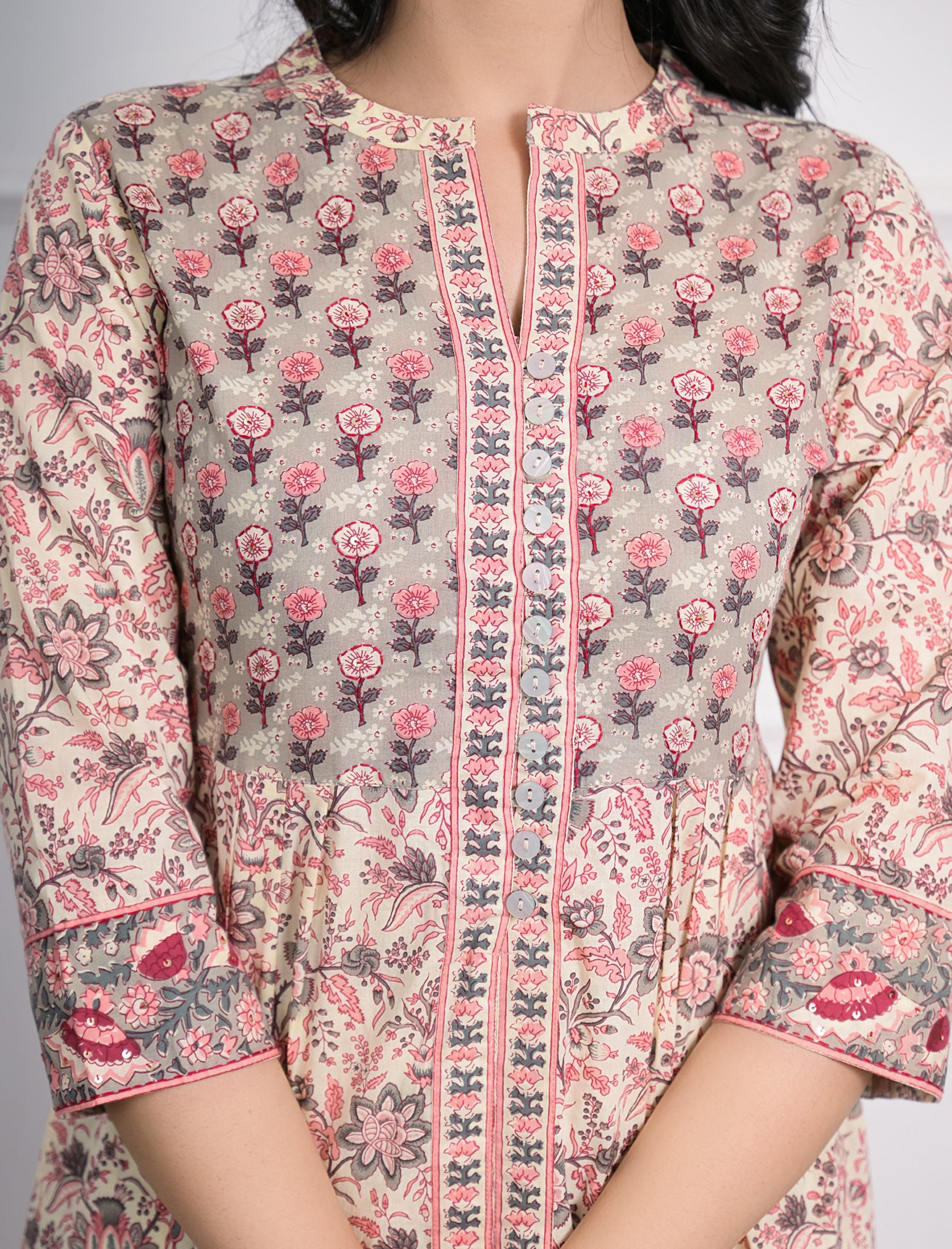 Grey Cream Block Printed Aline Long Cotton Dress