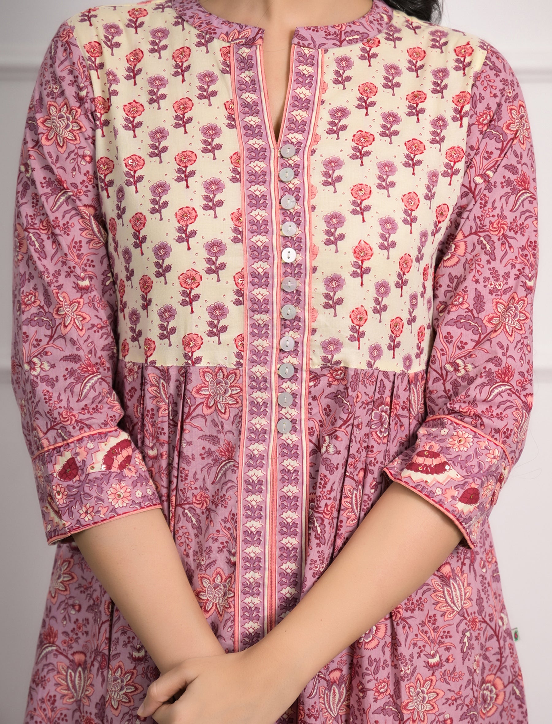 Pink Block Printed Aline Long Cotton Dress