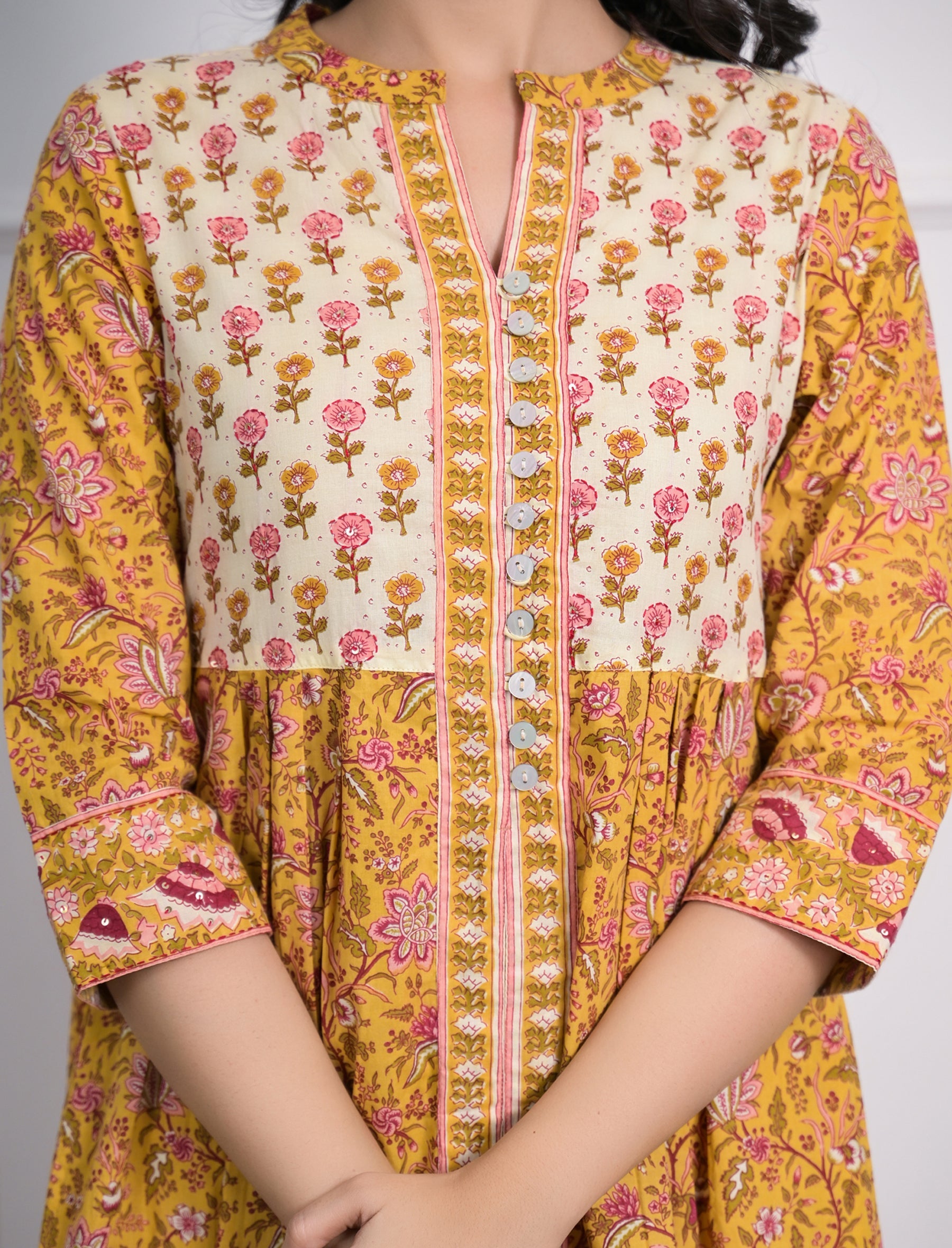 Yellow Block Printed Aline Long Cotton Dress