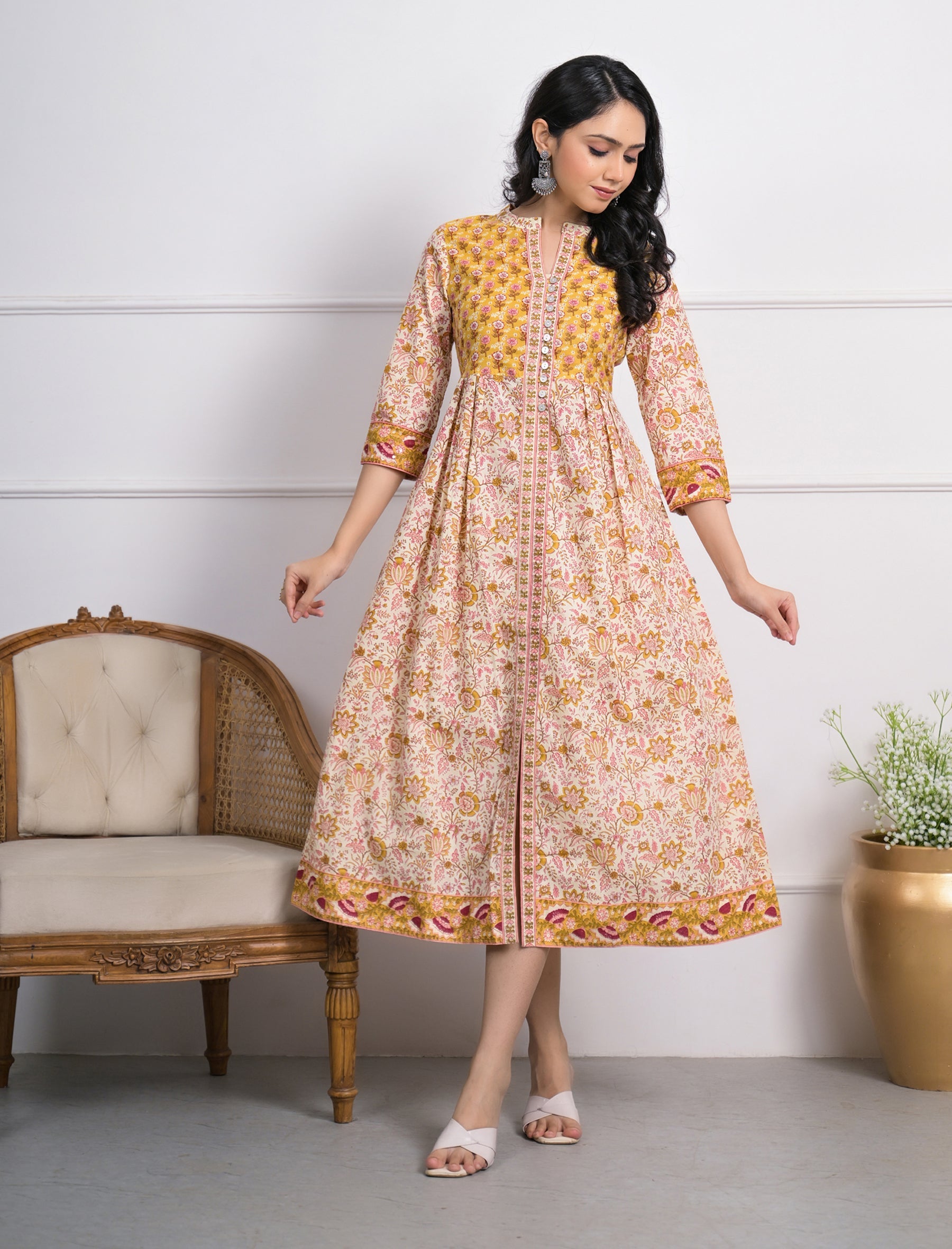 Yellow Cream Block Printed Aline Long Cotton Dress
