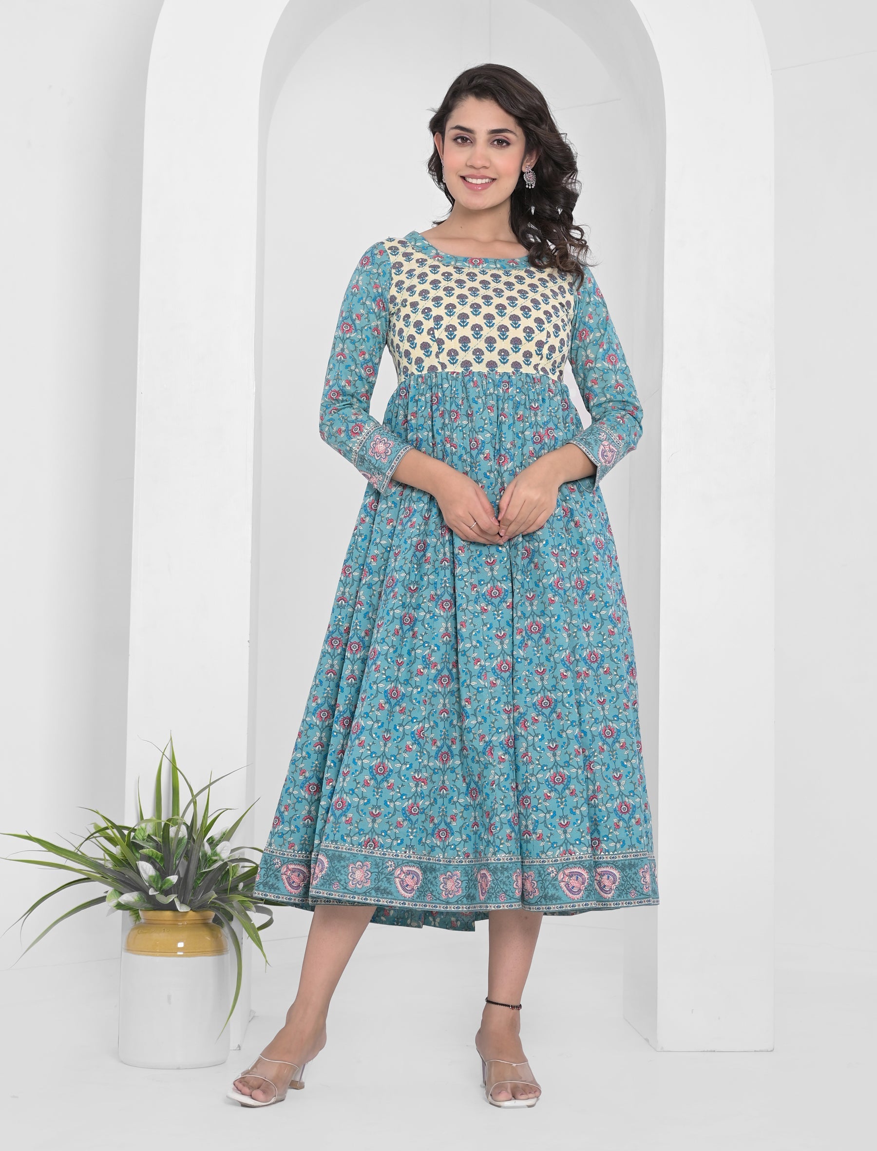 Blue Block Printed Long Cotton Anarkali Dress