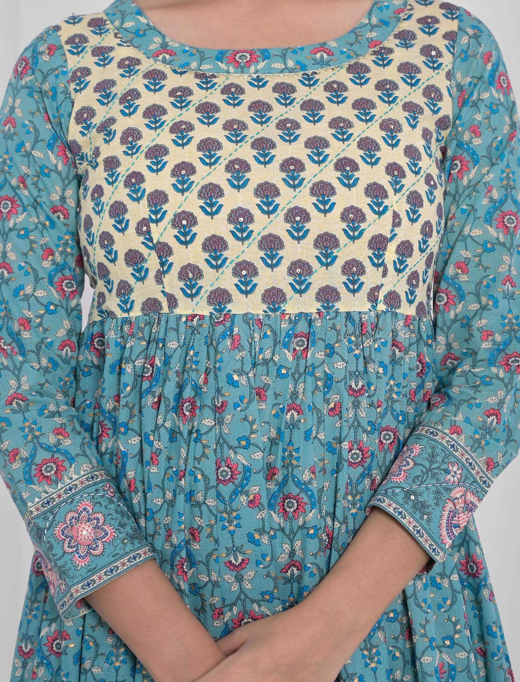 Blue Block Printed Long Cotton Anarkali Dress