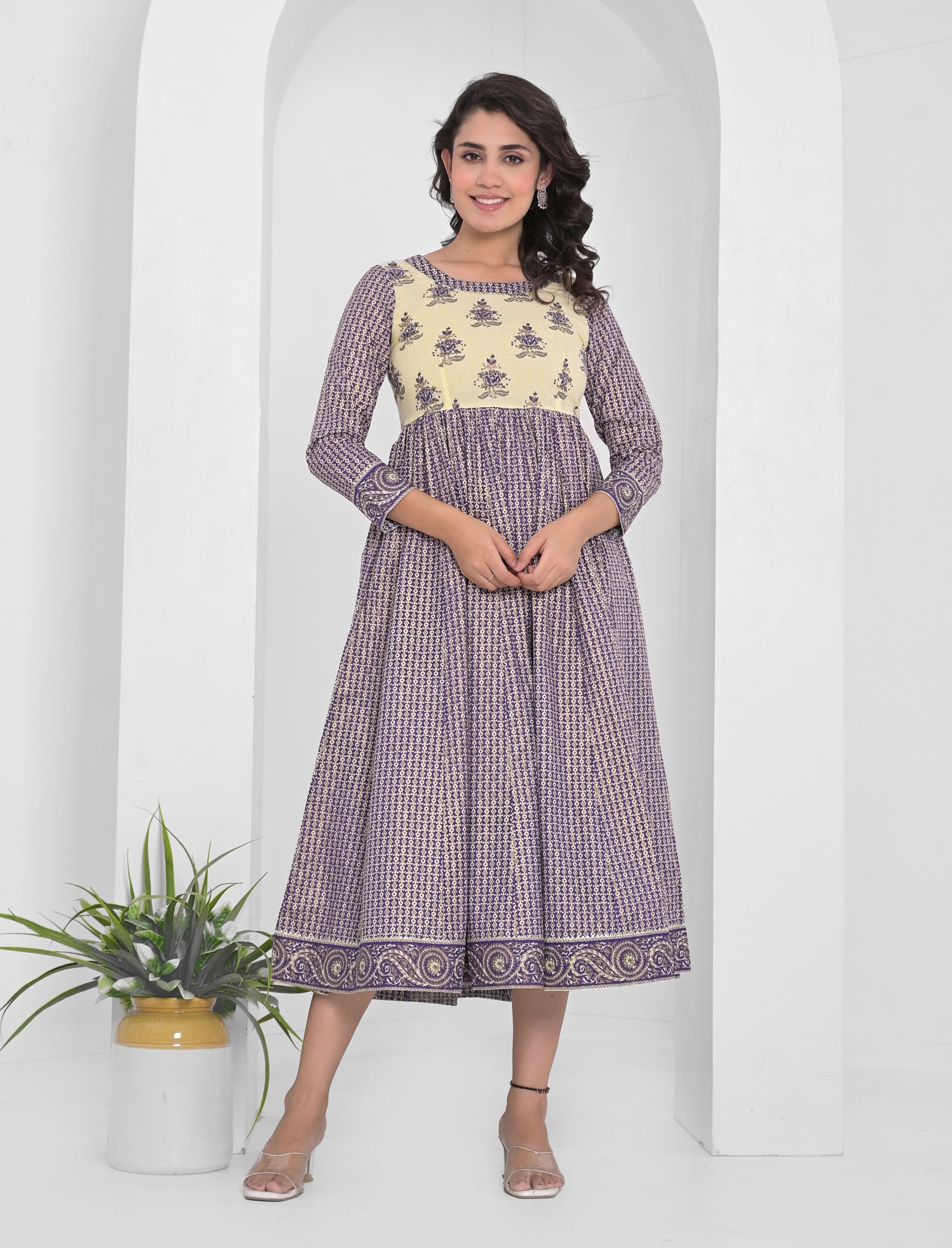 Navy Block Printed Long Cotton Anarkali Dress