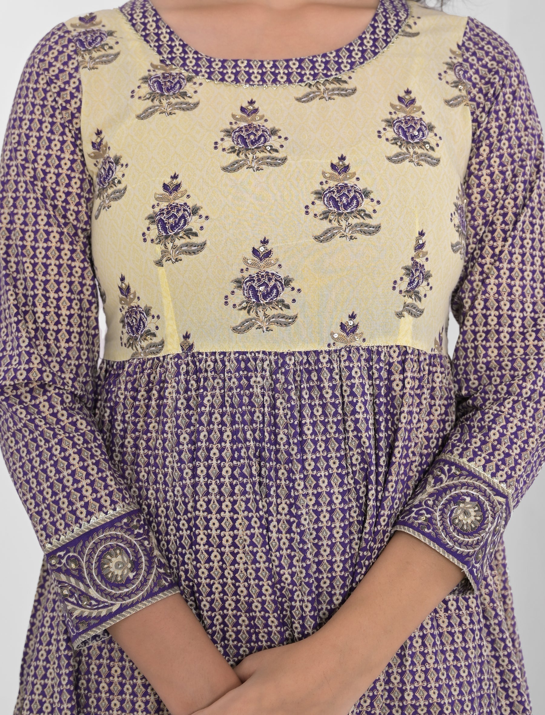 Navy Block Printed Long Cotton Anarkali Dress