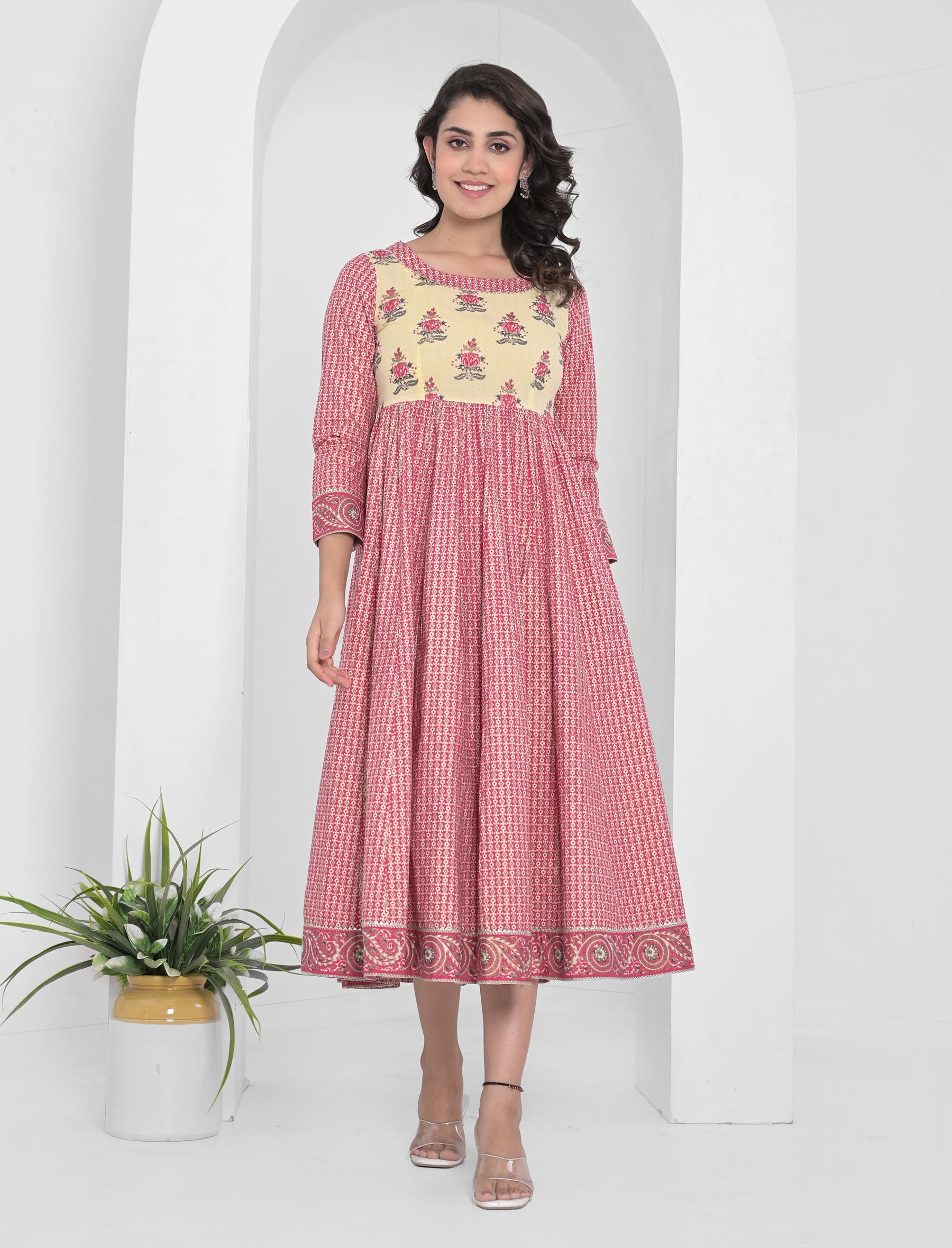 Pink Block Printed Long Cotton Anarkali Dress