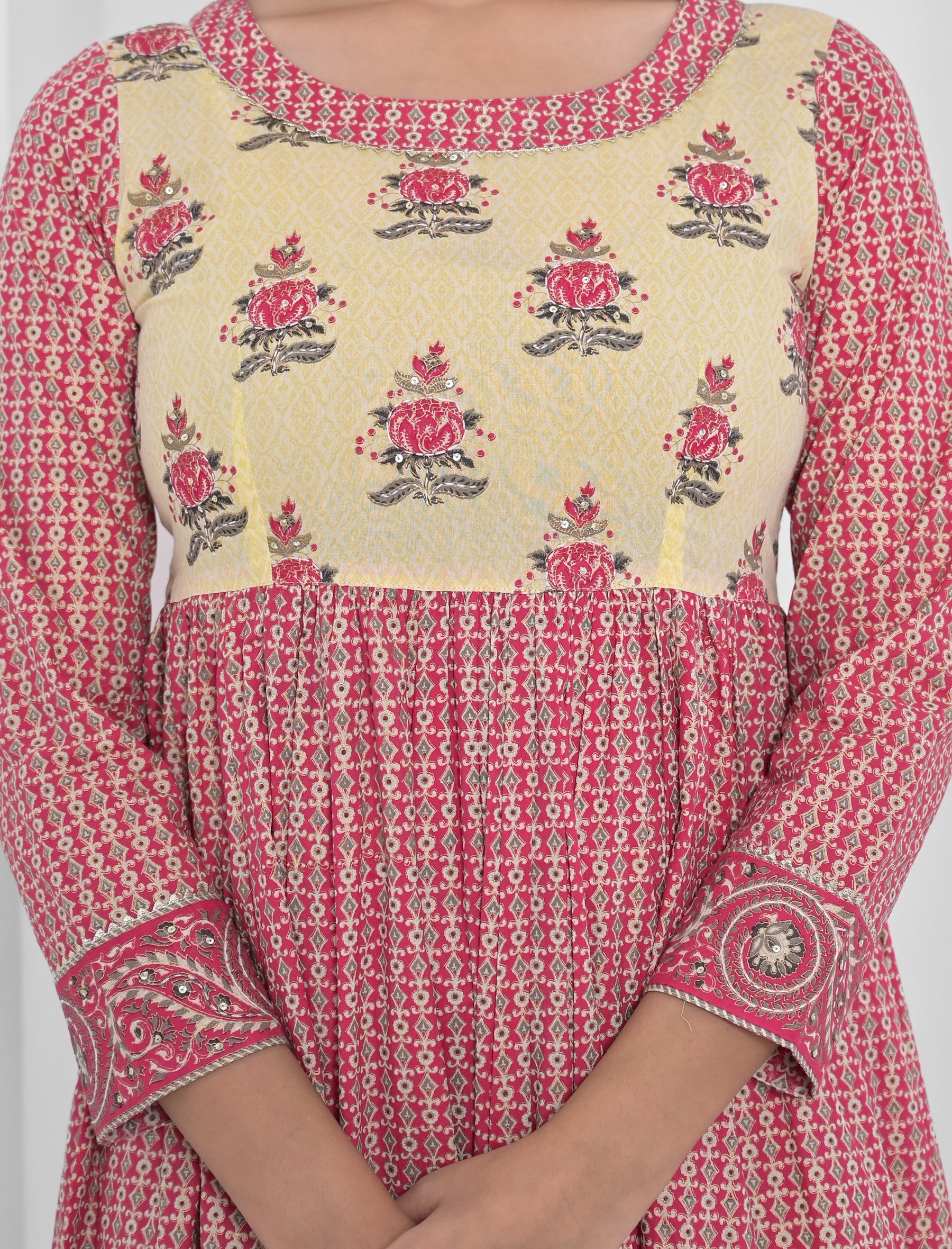 Pink Block Printed Long Cotton Anarkali Dress