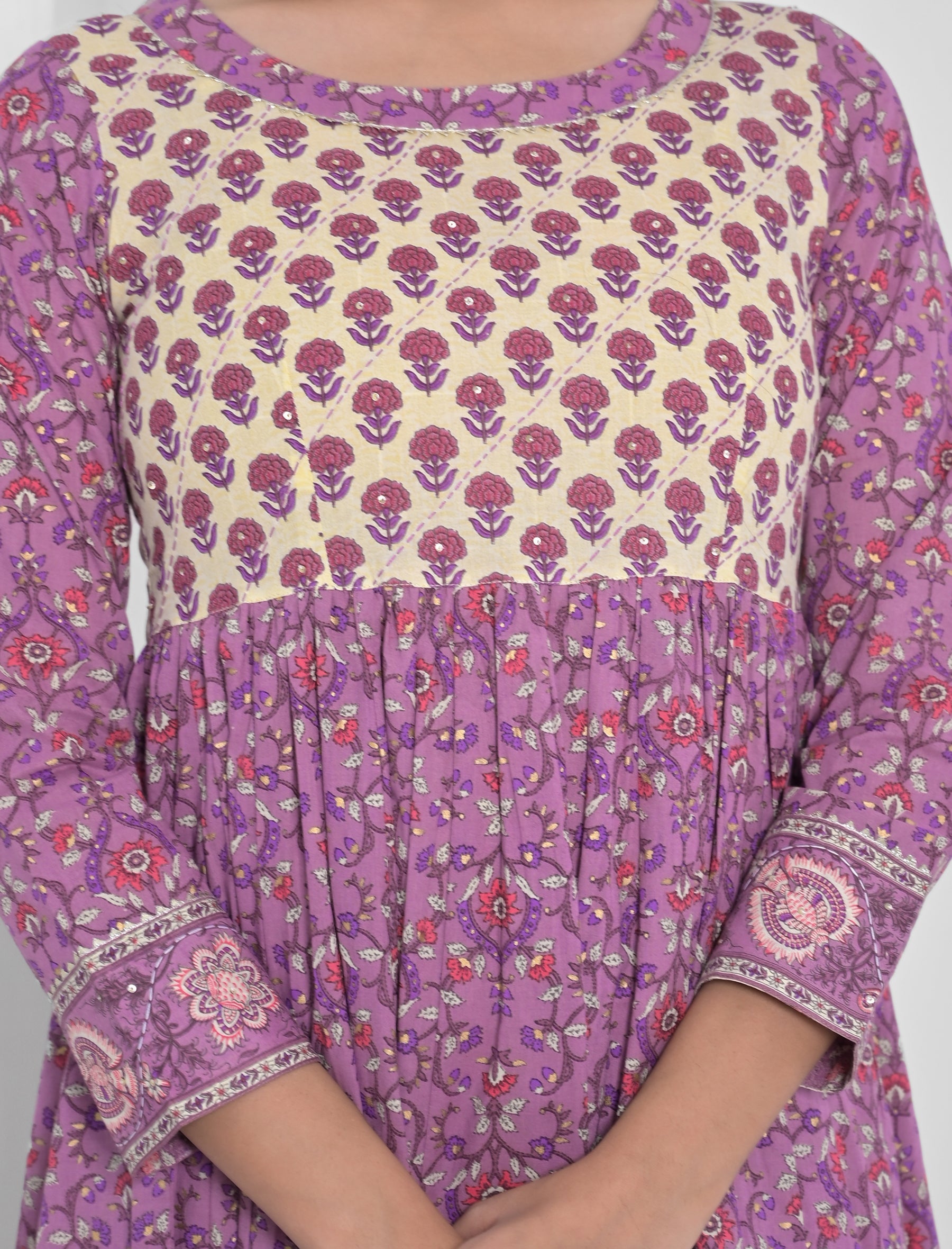 Purple Block Printed Long Cotton Anarkali Dress