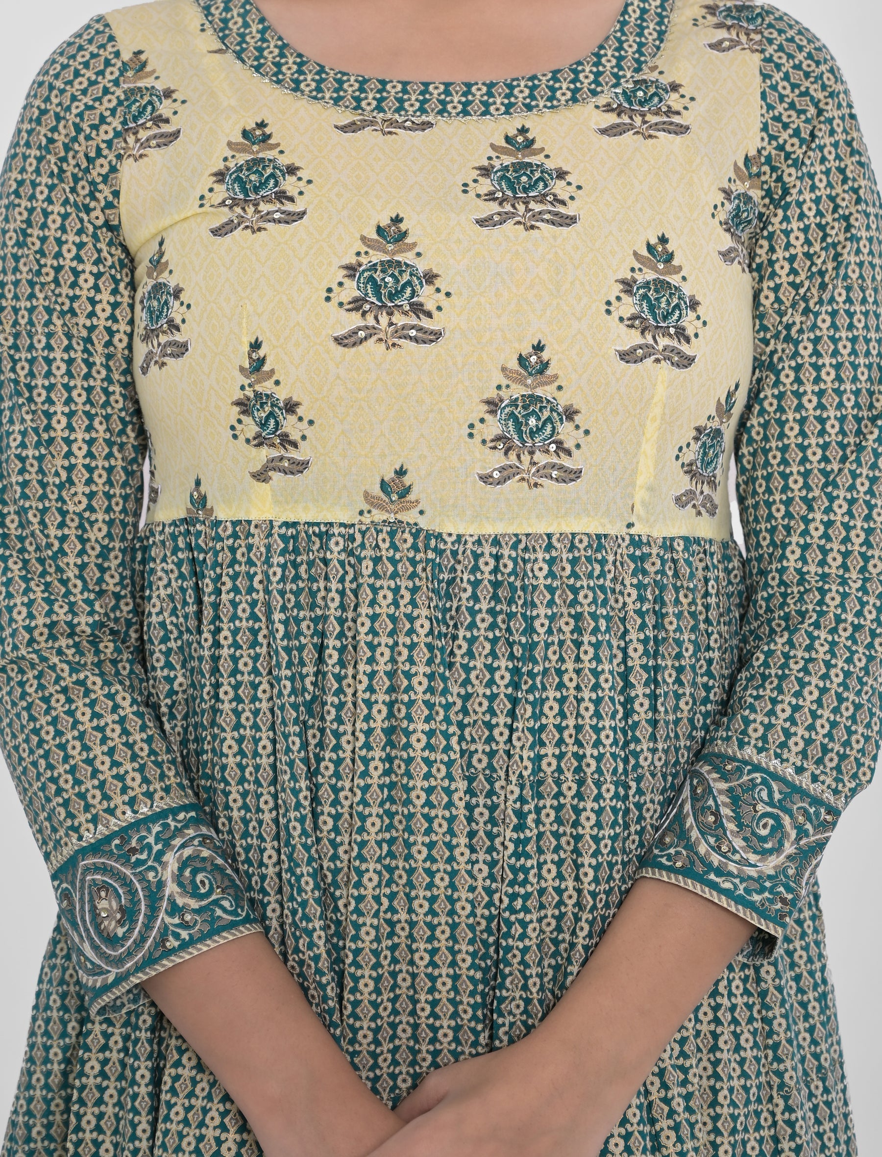 Sea Green Block Printed Long Cotton Anarkali Dress
