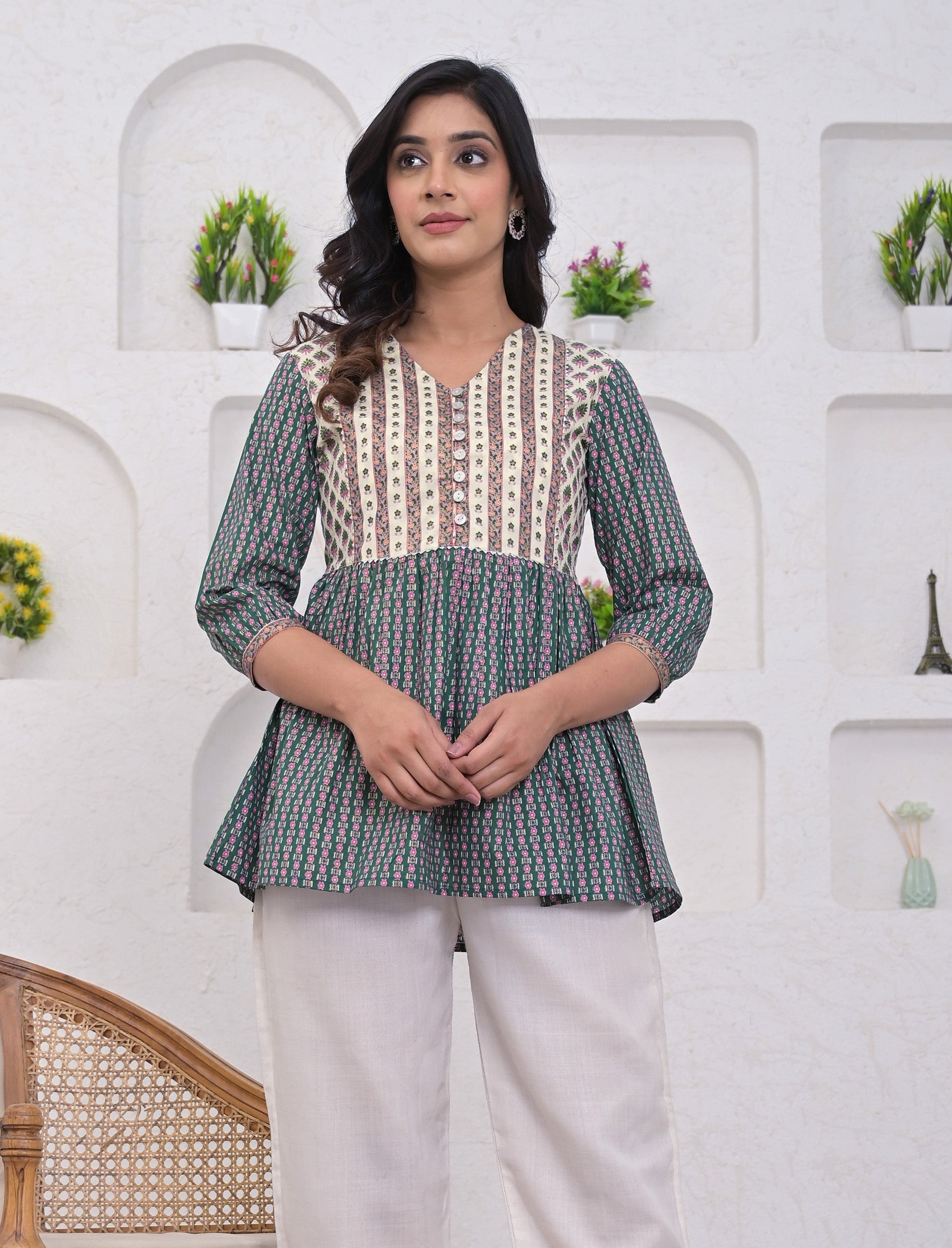 Olive Cotton Printed Short Top