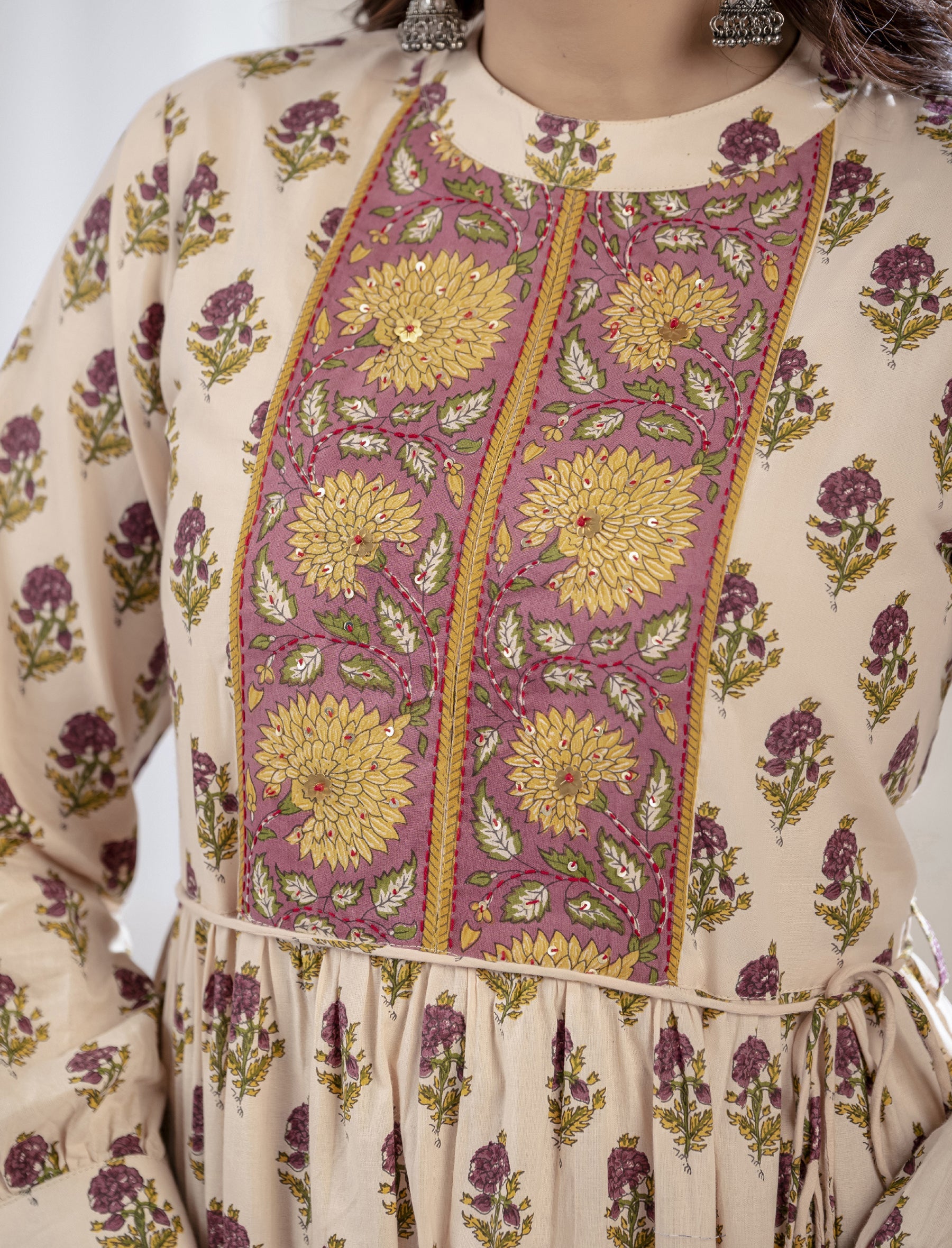 Beige Mauve Butti Printed Cotton Knee Length Dress