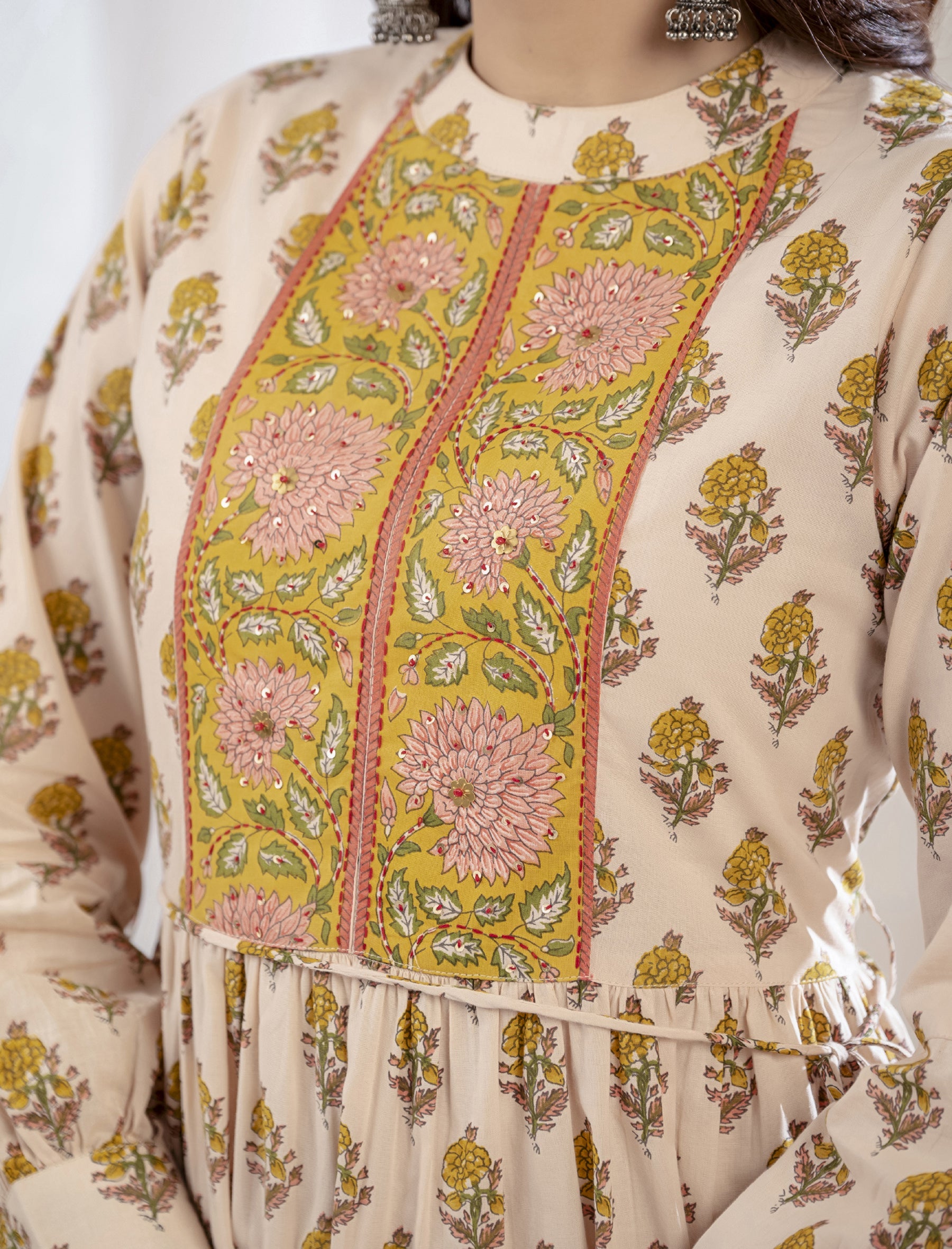 Beige Mustard Butti Printed Cotton Knee Length Dress