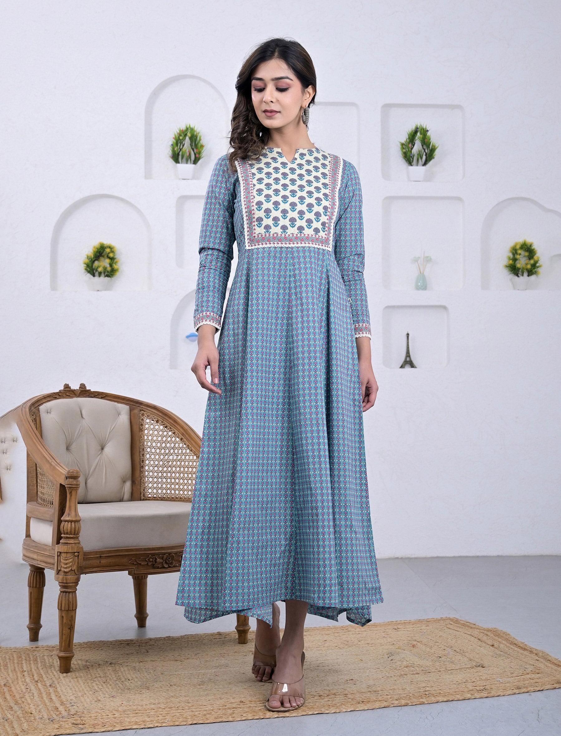 Cotton Blue Block Printed Anarkali Dress