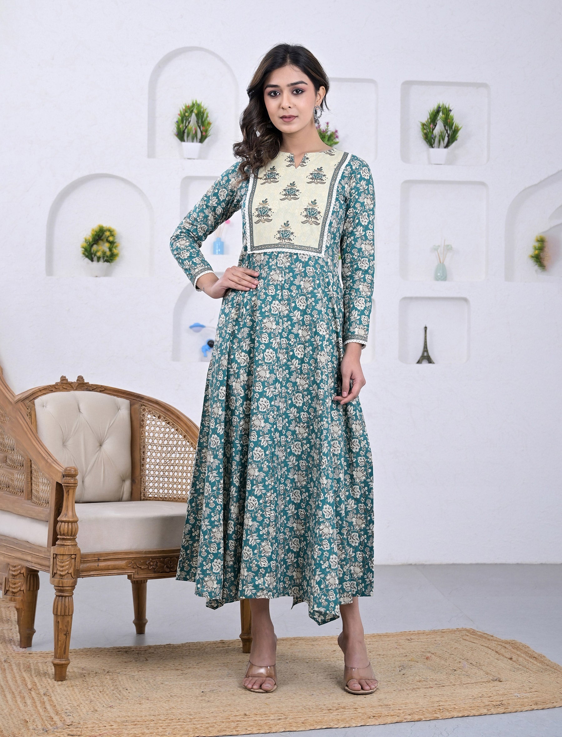 Cotton Firozi Block Printed Anarkali Dress
