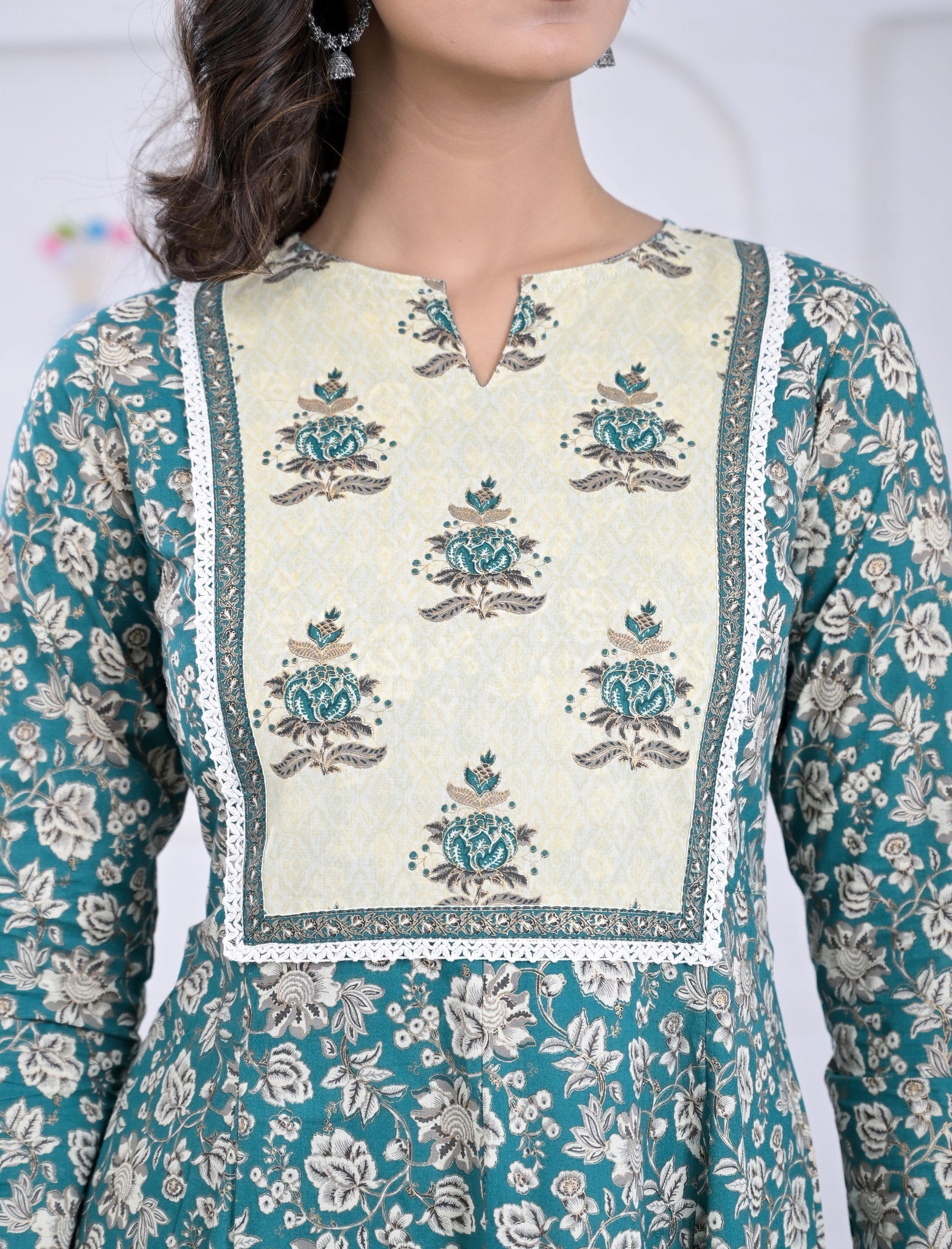 Cotton Firozi Block Printed Anarkali Dress