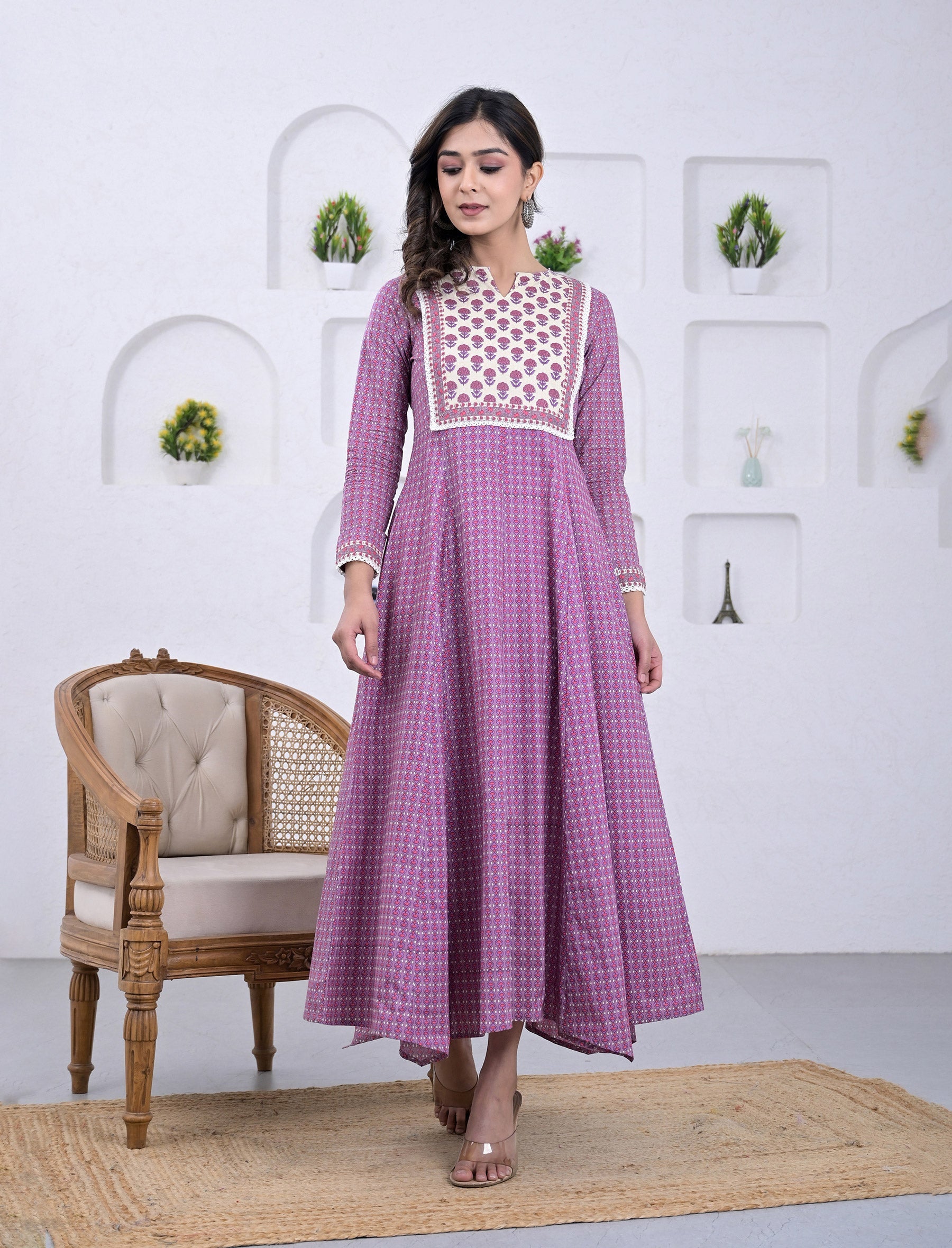 Cotton Purple Block Printed Anarkali Dress