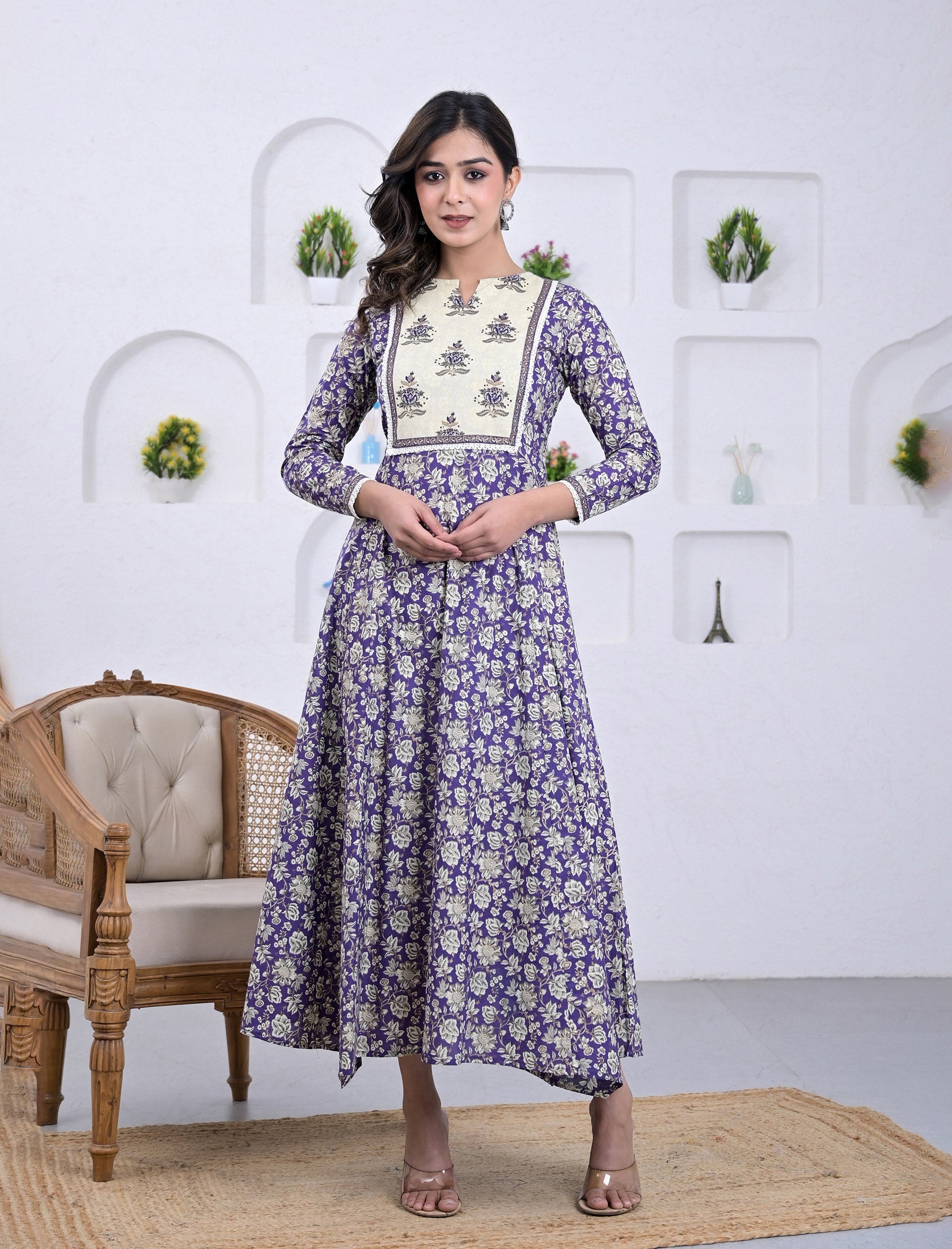 Cotton Violet Block Printed Anarkali Dress