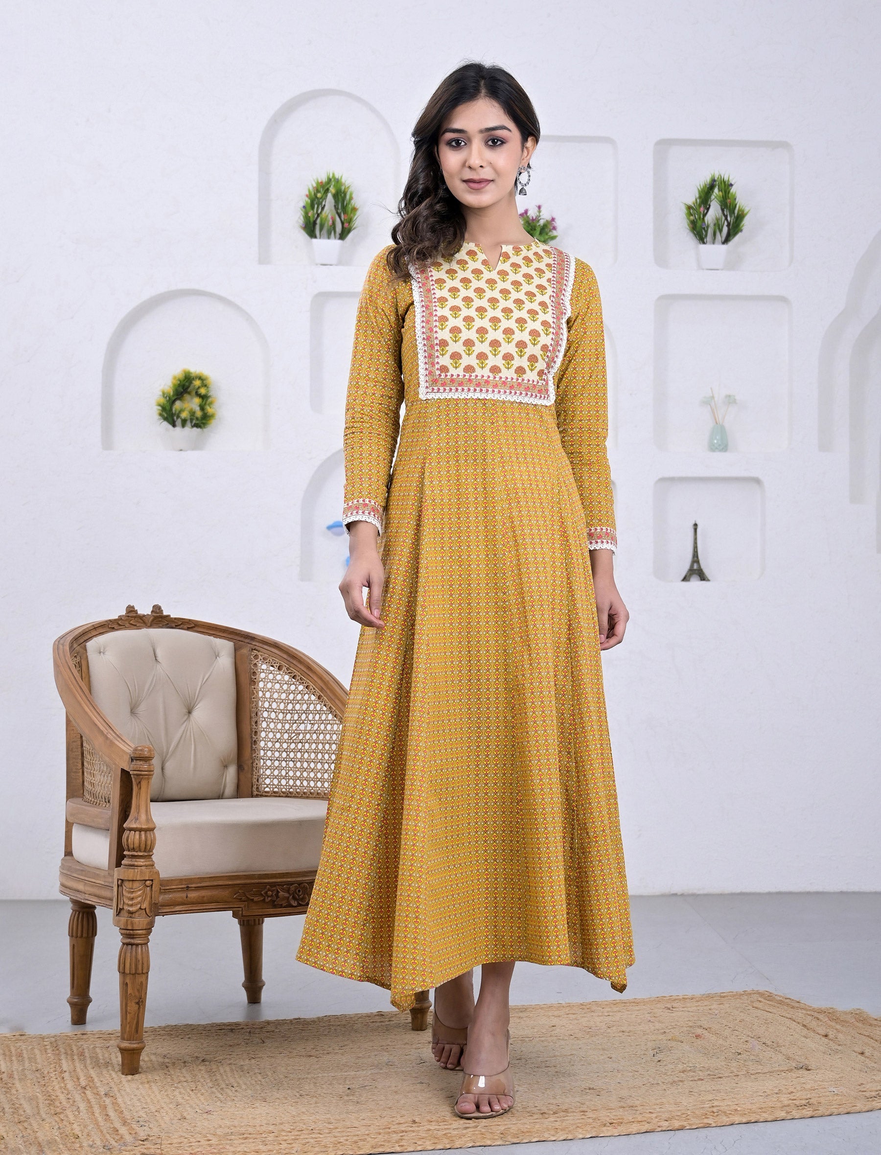 Cotton Yellow Block Printed Anarkali Dress
