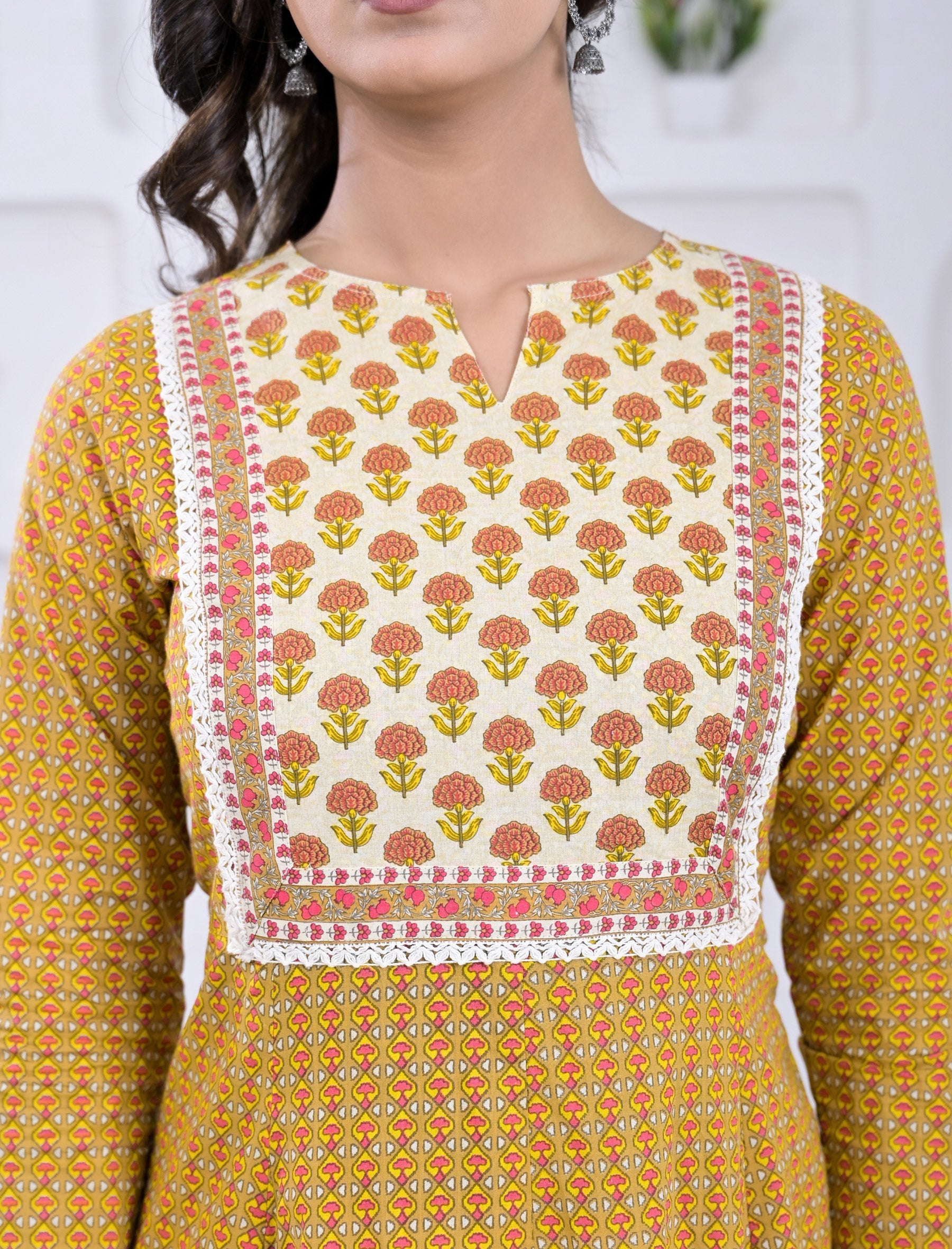 Cotton Yellow Block Printed Anarkali Dress