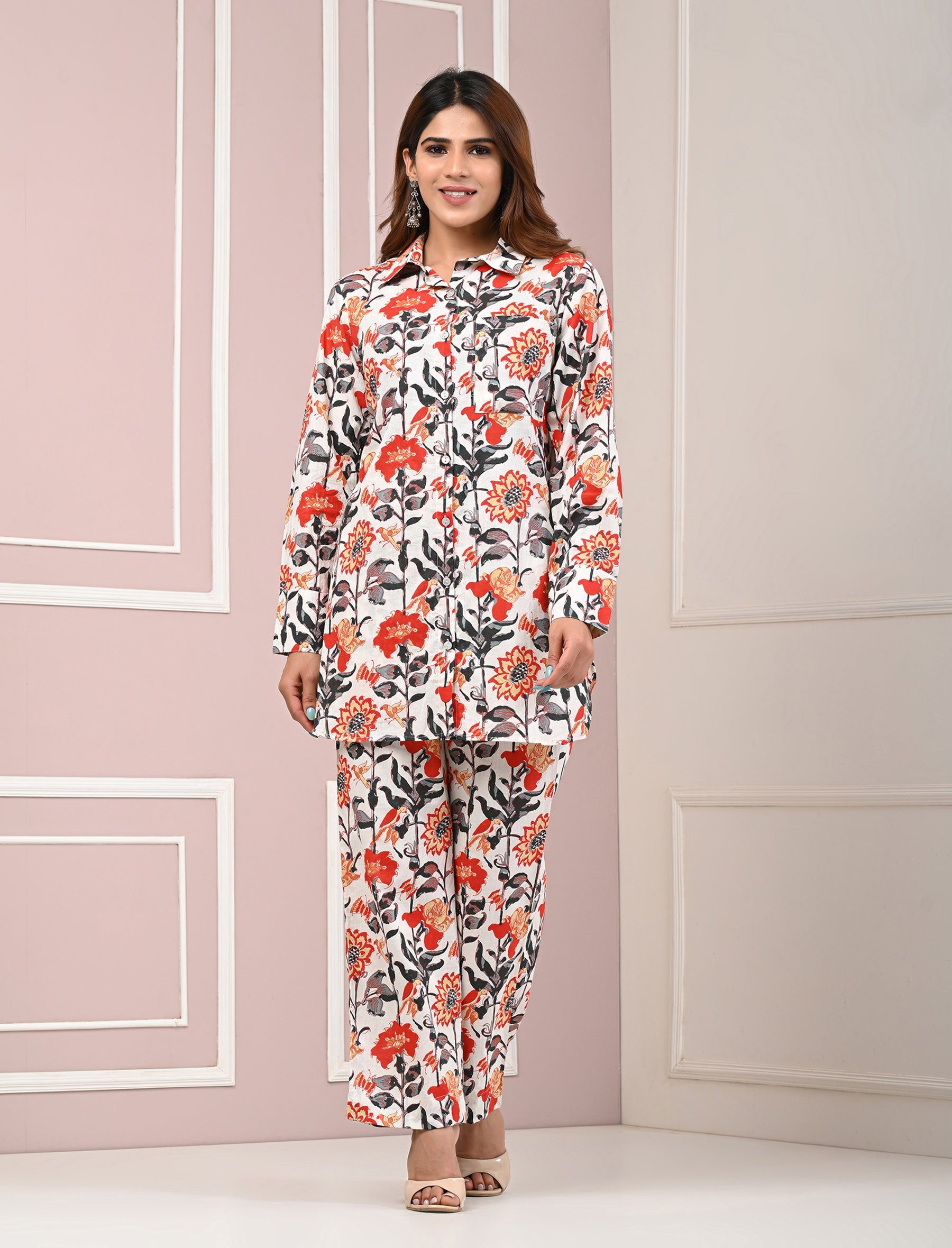 White Red Printed Cotton Co-Ord Set