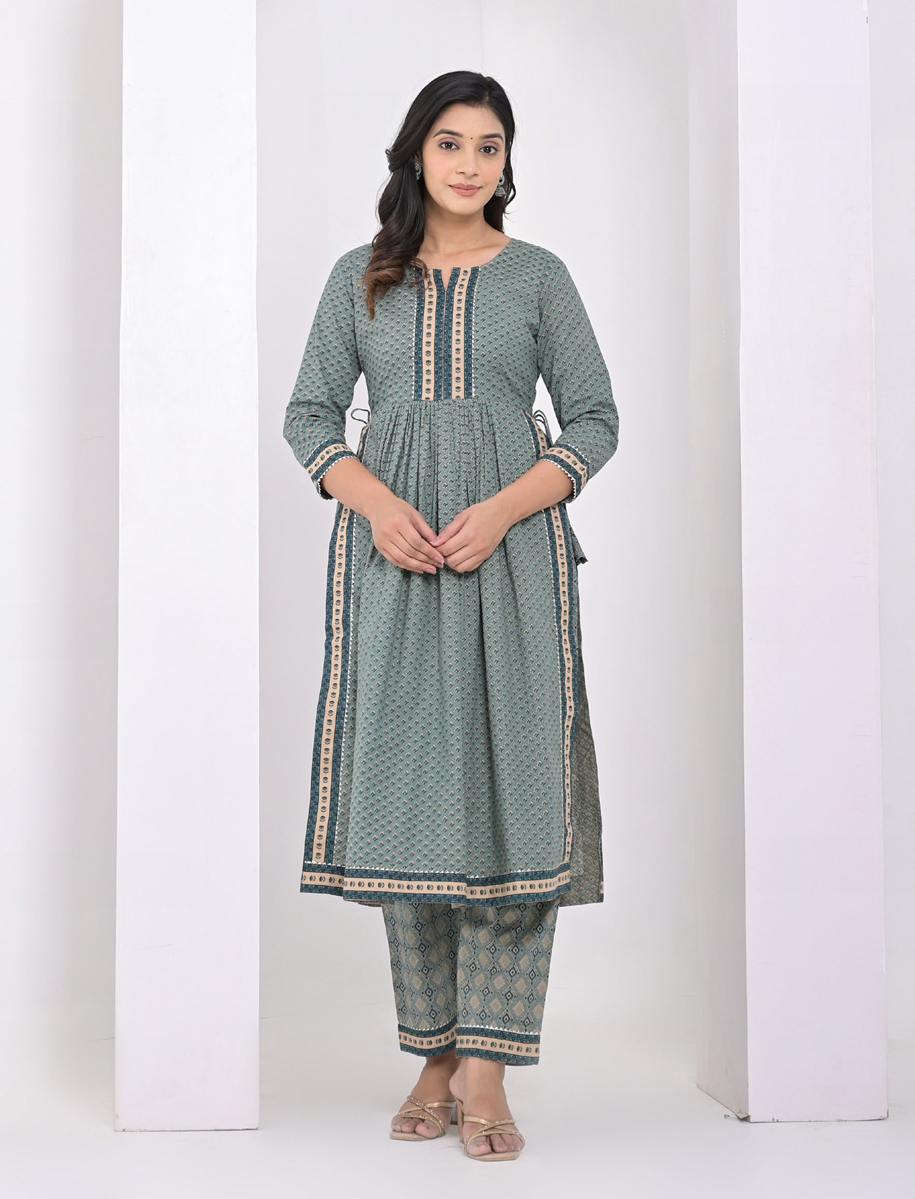 Green Block Printed Cotton Pant Set