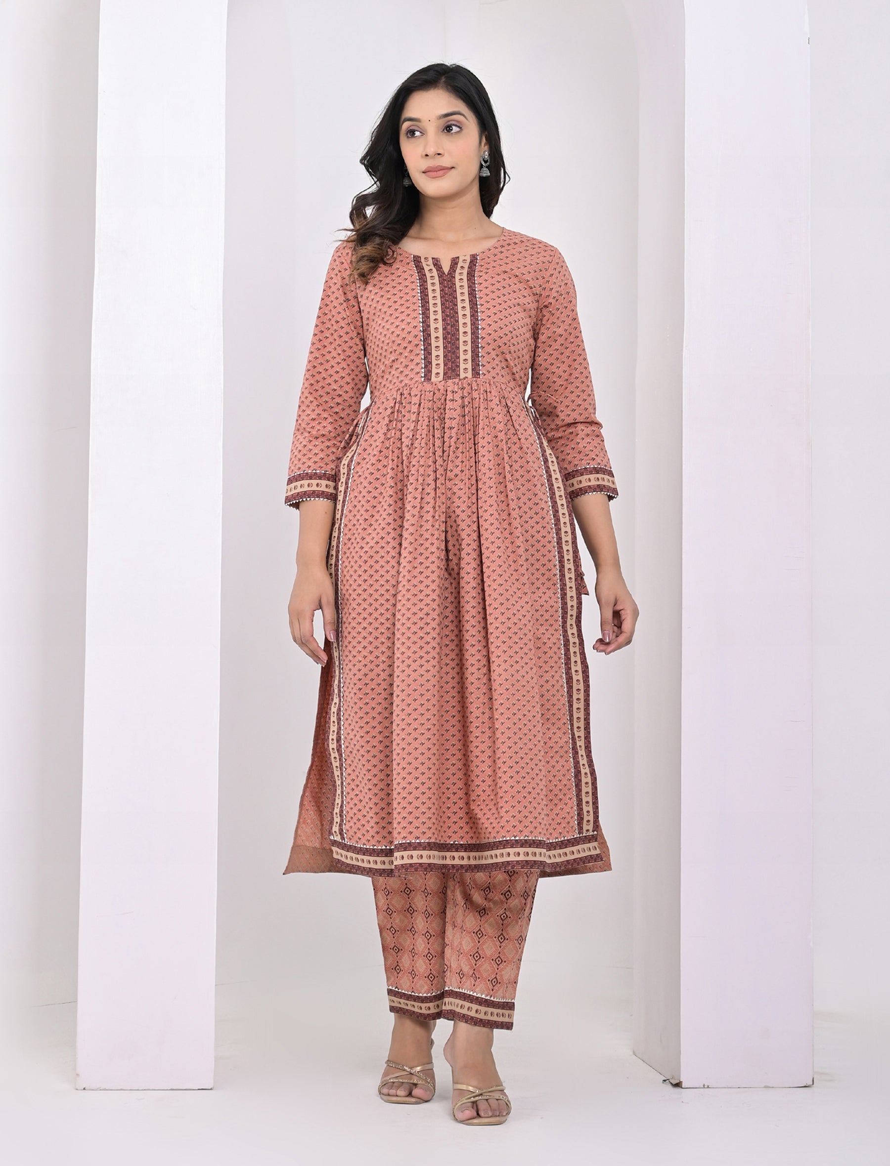 Peach Block Printed Cotton Pant Set