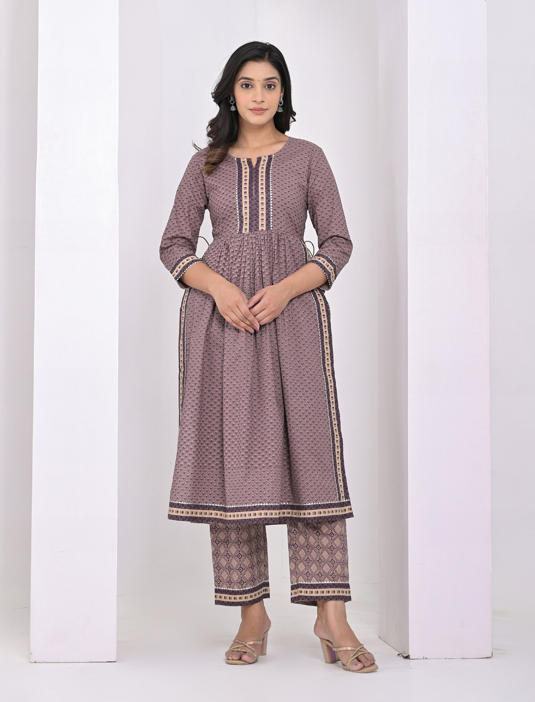 Tan Block Printed Cotton Pant Set