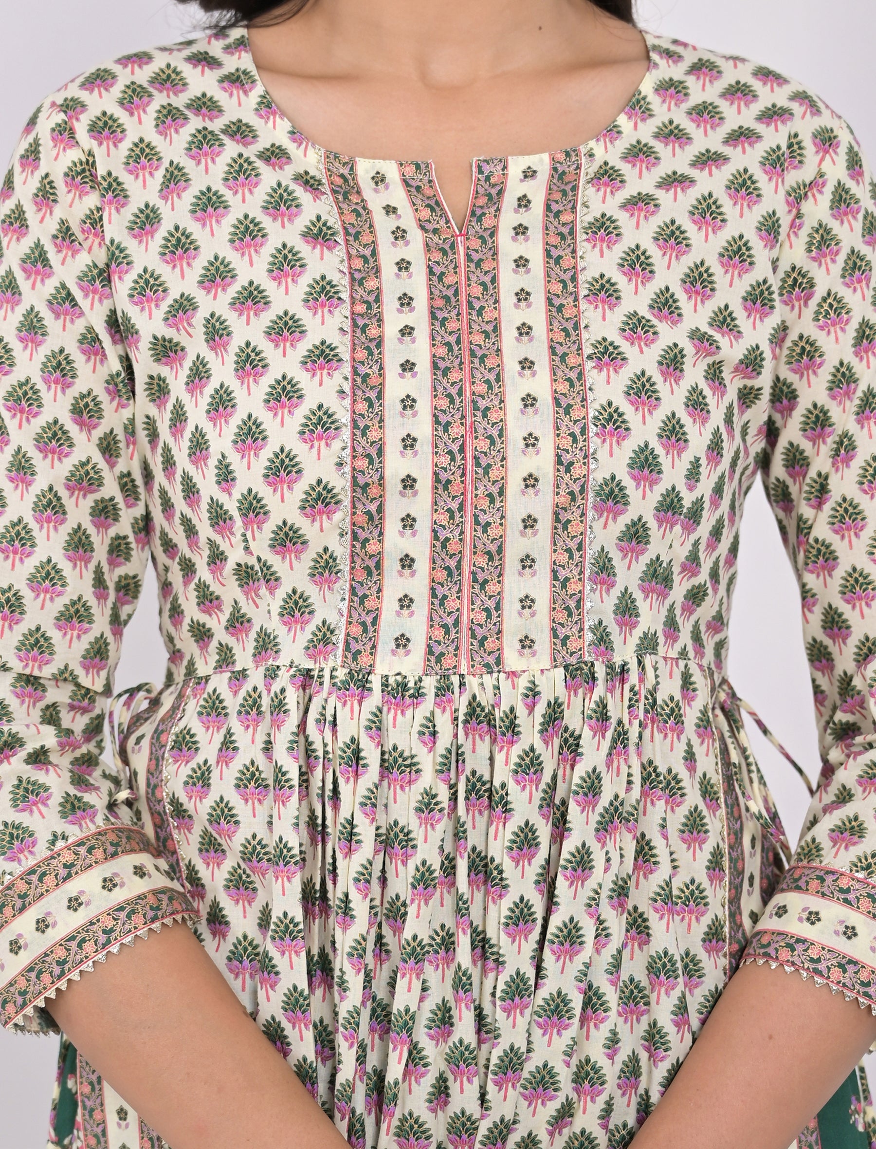 White Green Block Printed Cotton Pant Set