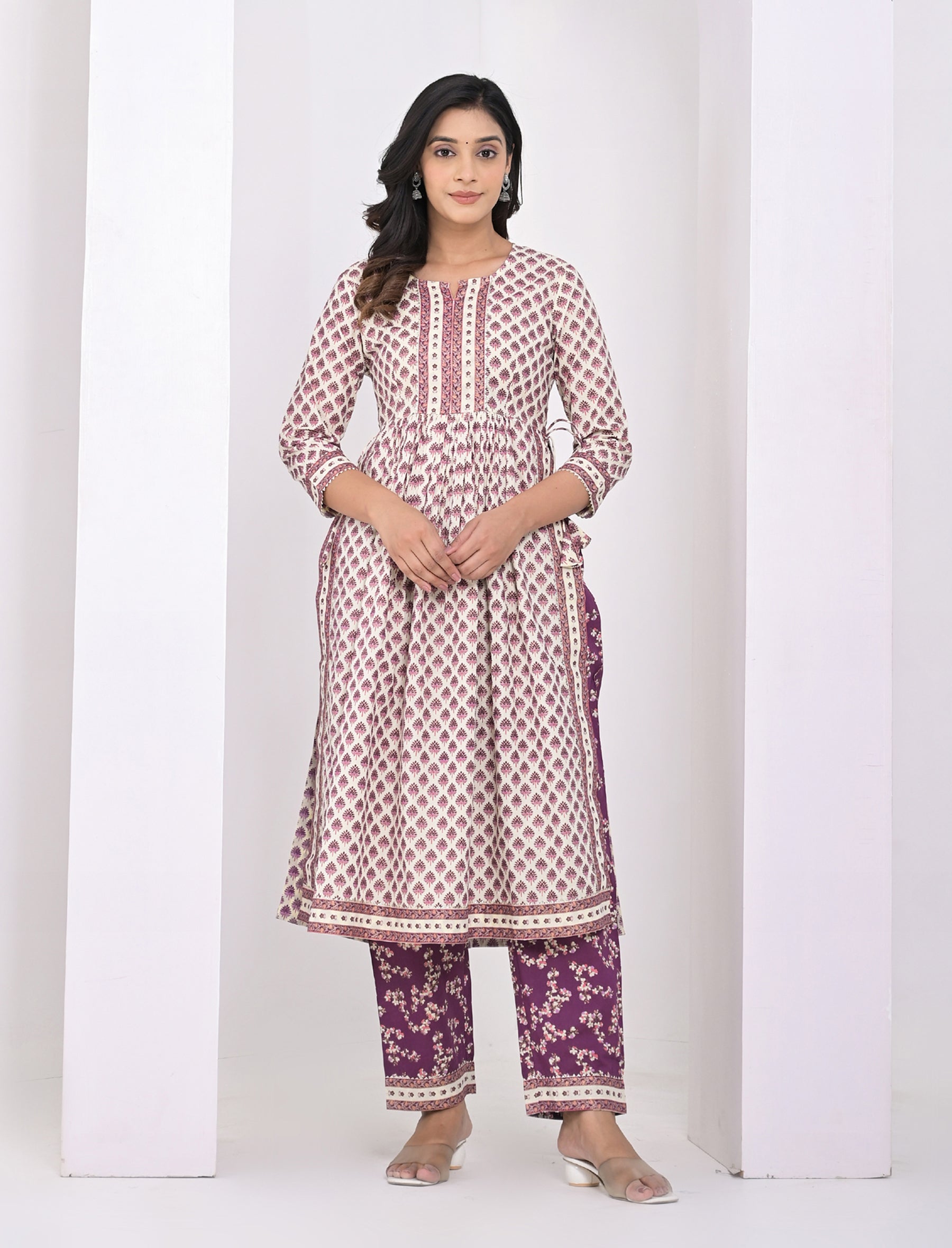 White Purple Block Printed Cotton Pant Set