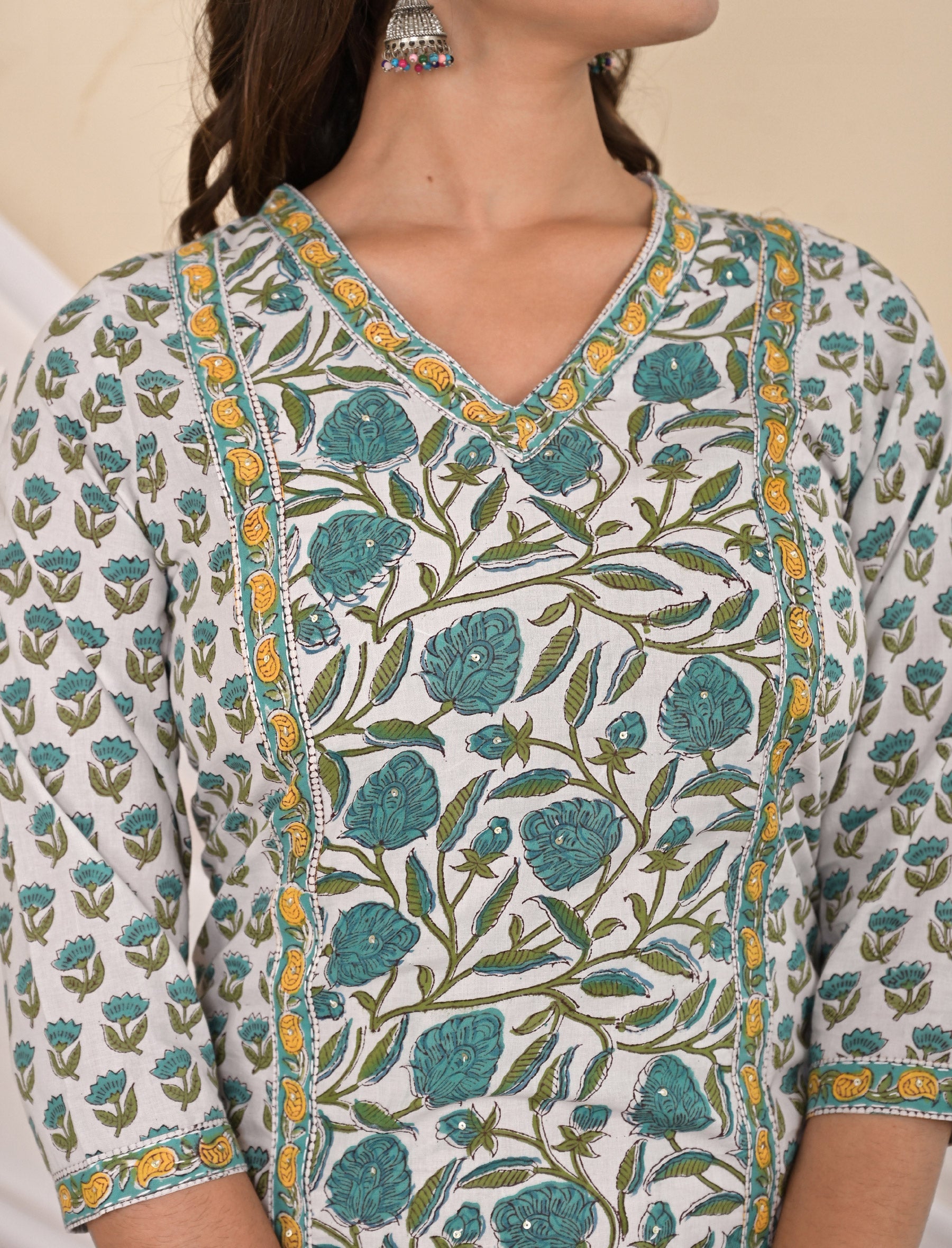 Cotton Block Printed Sea Green Jaal Kurti