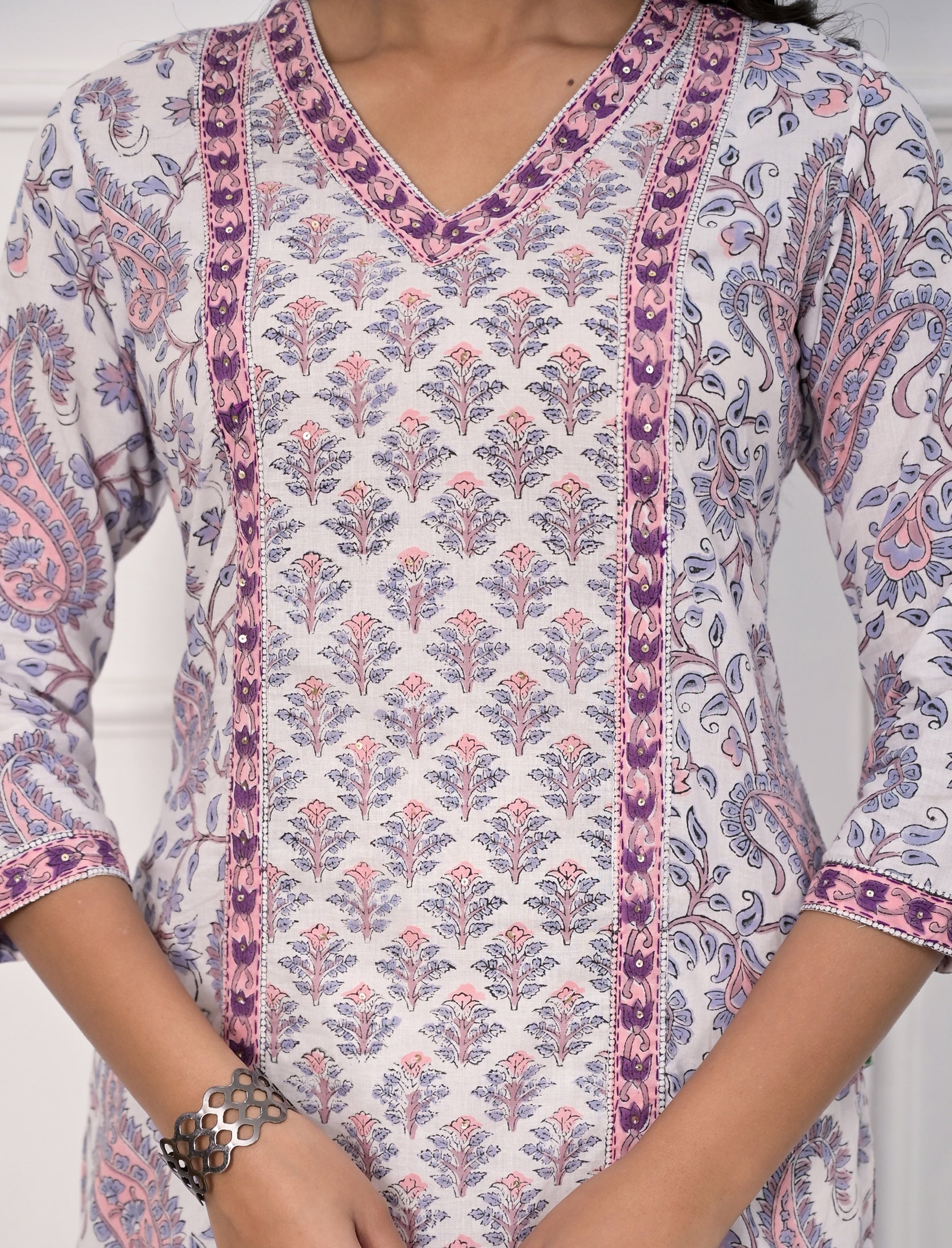White Butti Block Printed Cotton Straight Kurti