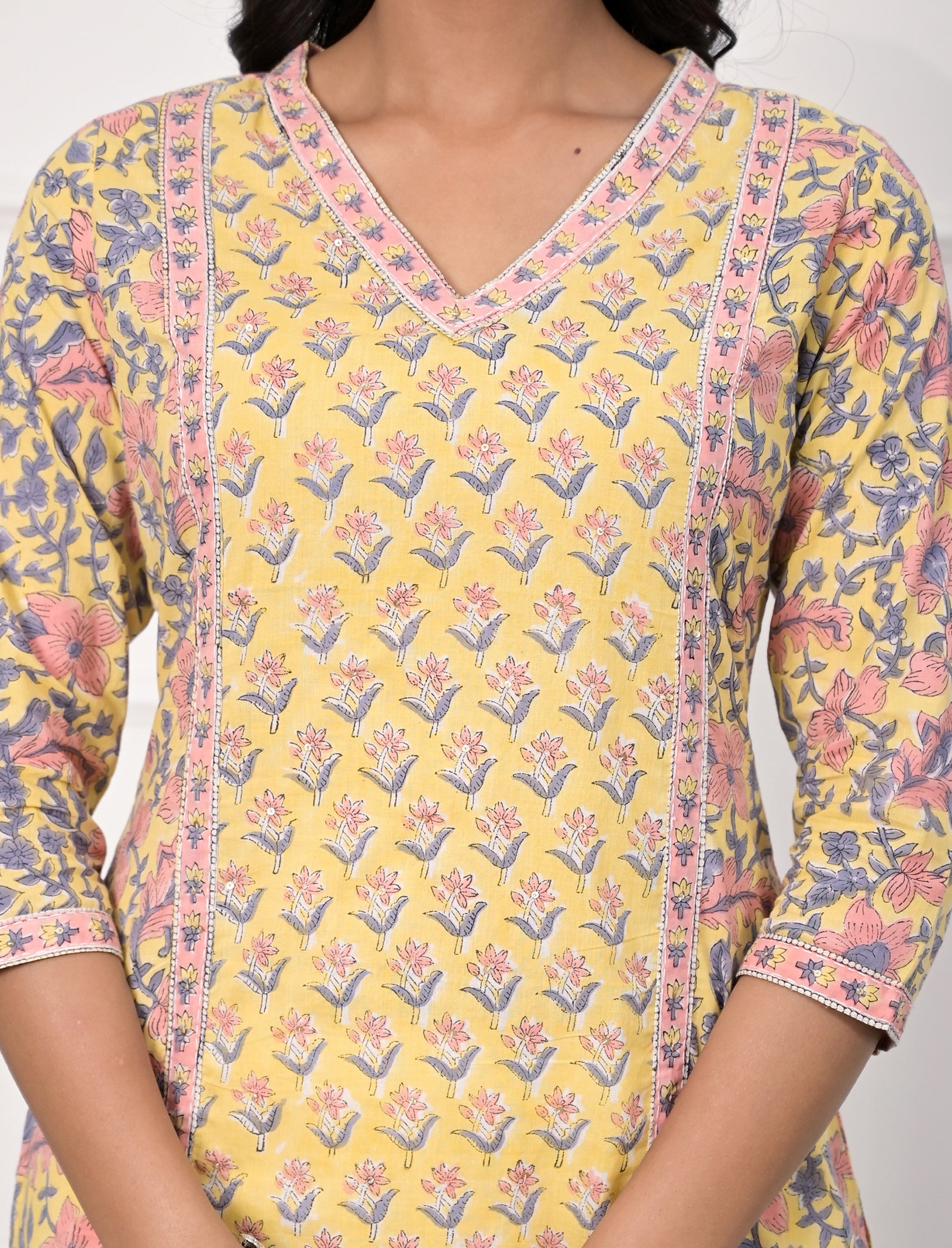 Yellow Butti Block Printed Cotton Straight Kurti