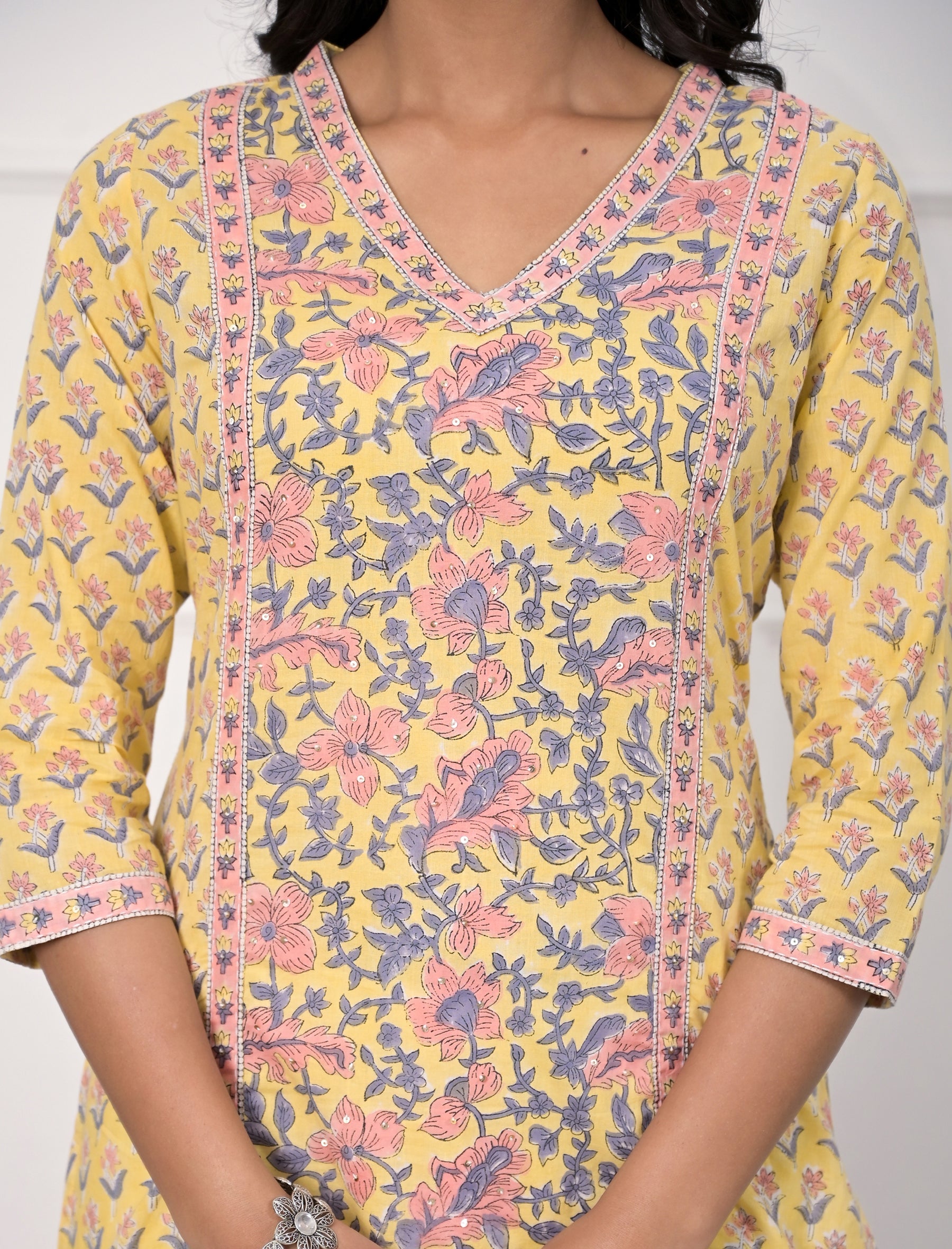 Yellow Jaal Block Printed Cotton Straight Kurti