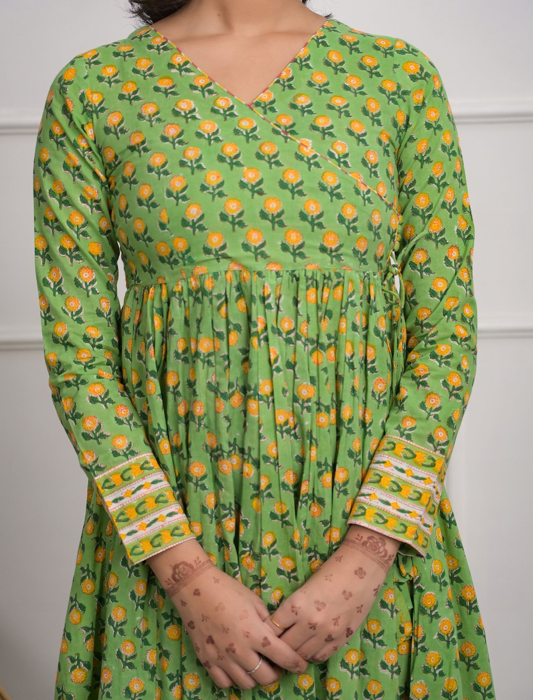 Green Block Printed Long Angrakha Cotton Dress