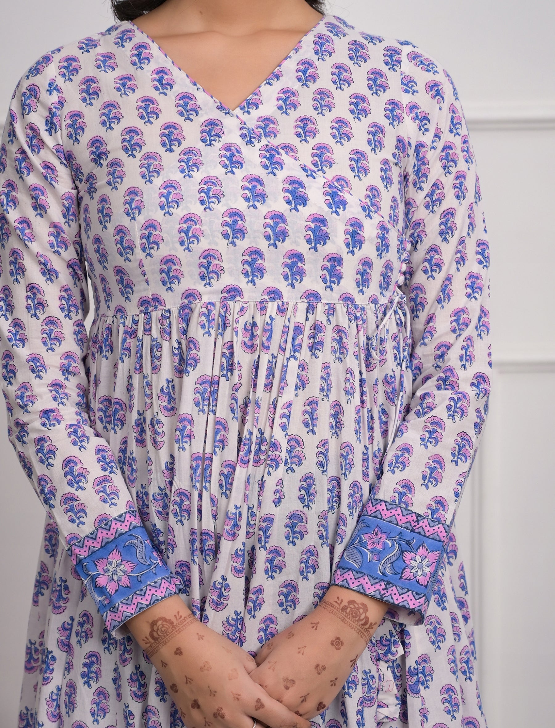 White Block Printed Long Angrakha Cotton Dress