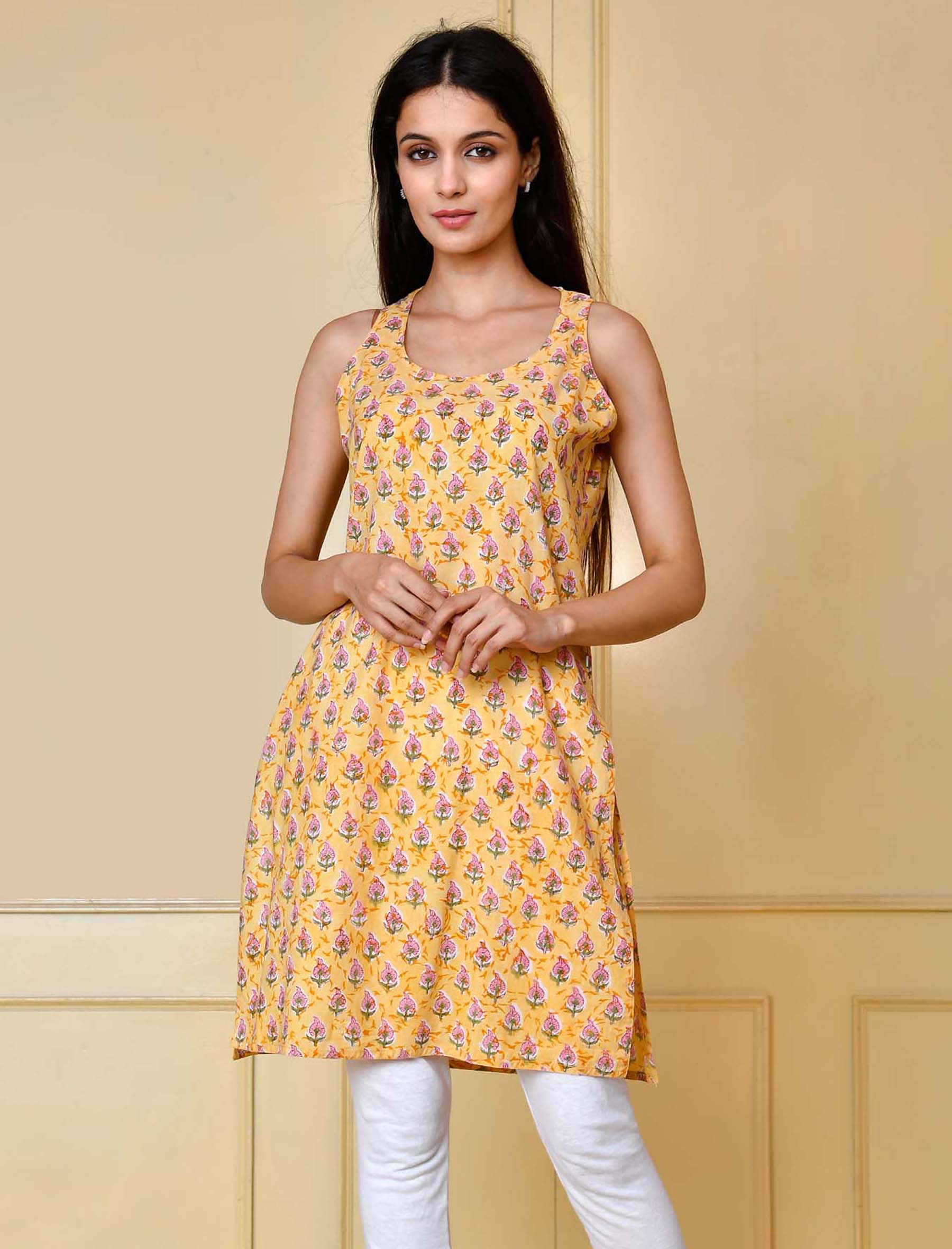 Yellow Printed Cotton Sleeveless Short Top
