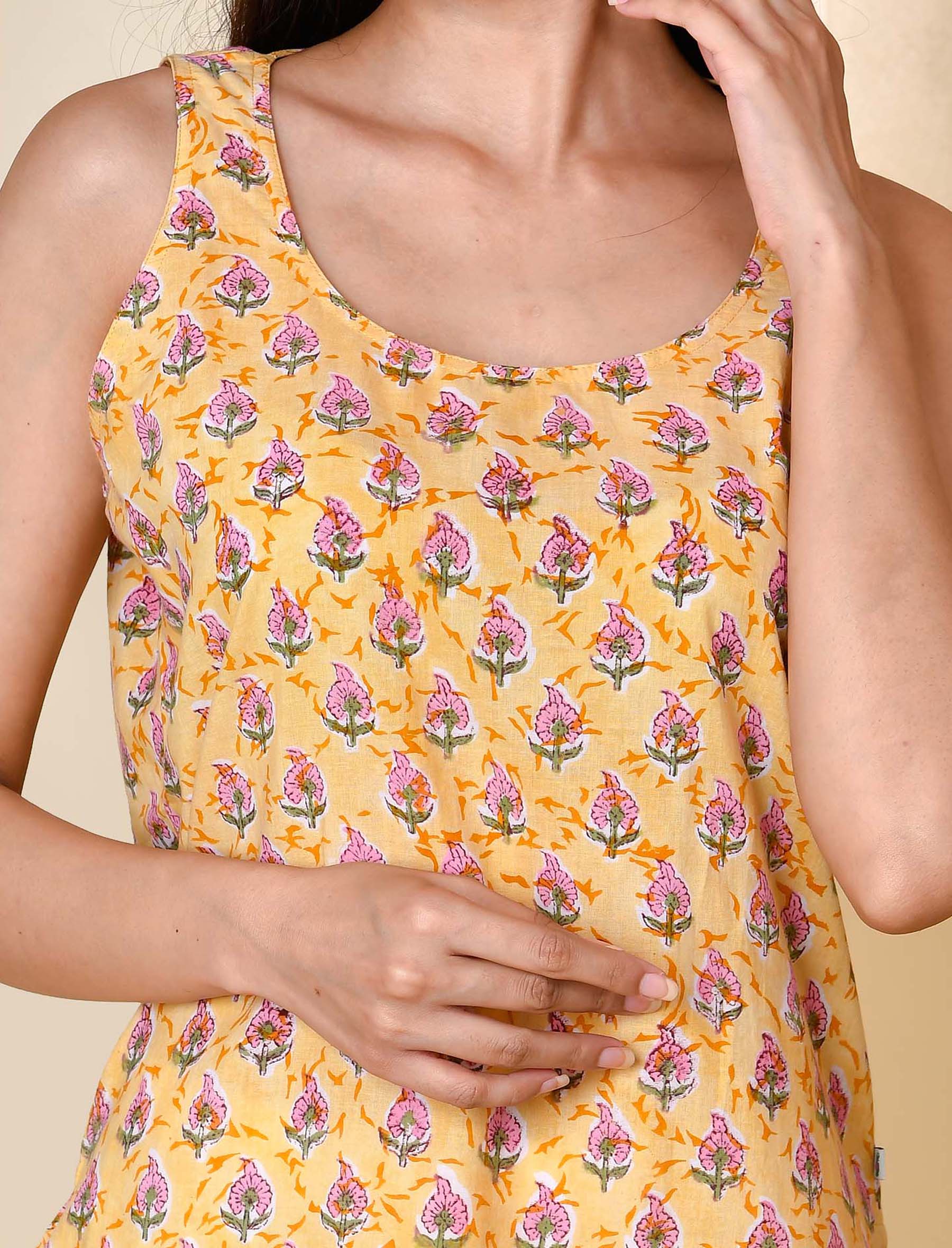 Yellow Printed Cotton Sleeveless Short Top