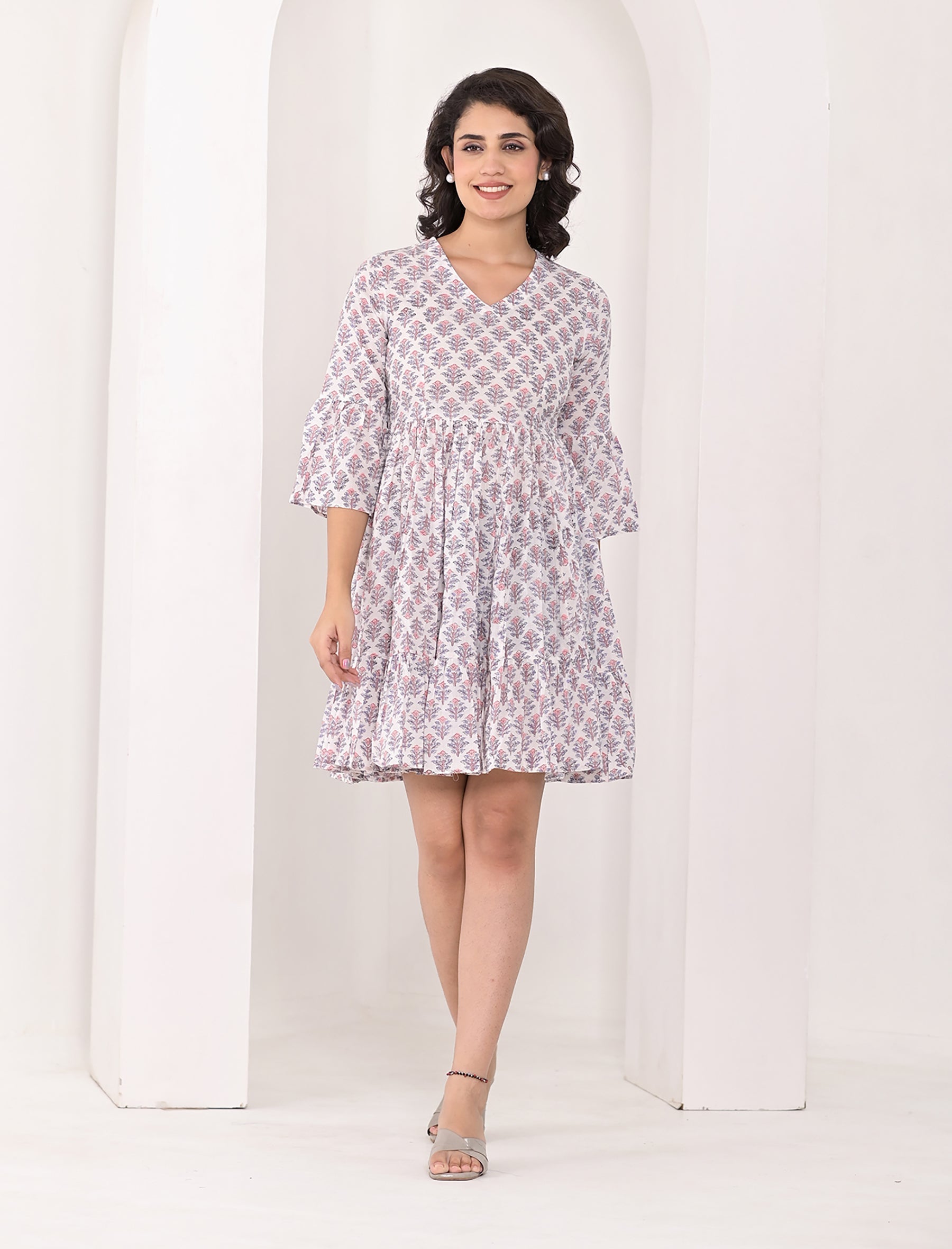 White Butta Block Printed Cotton Dress